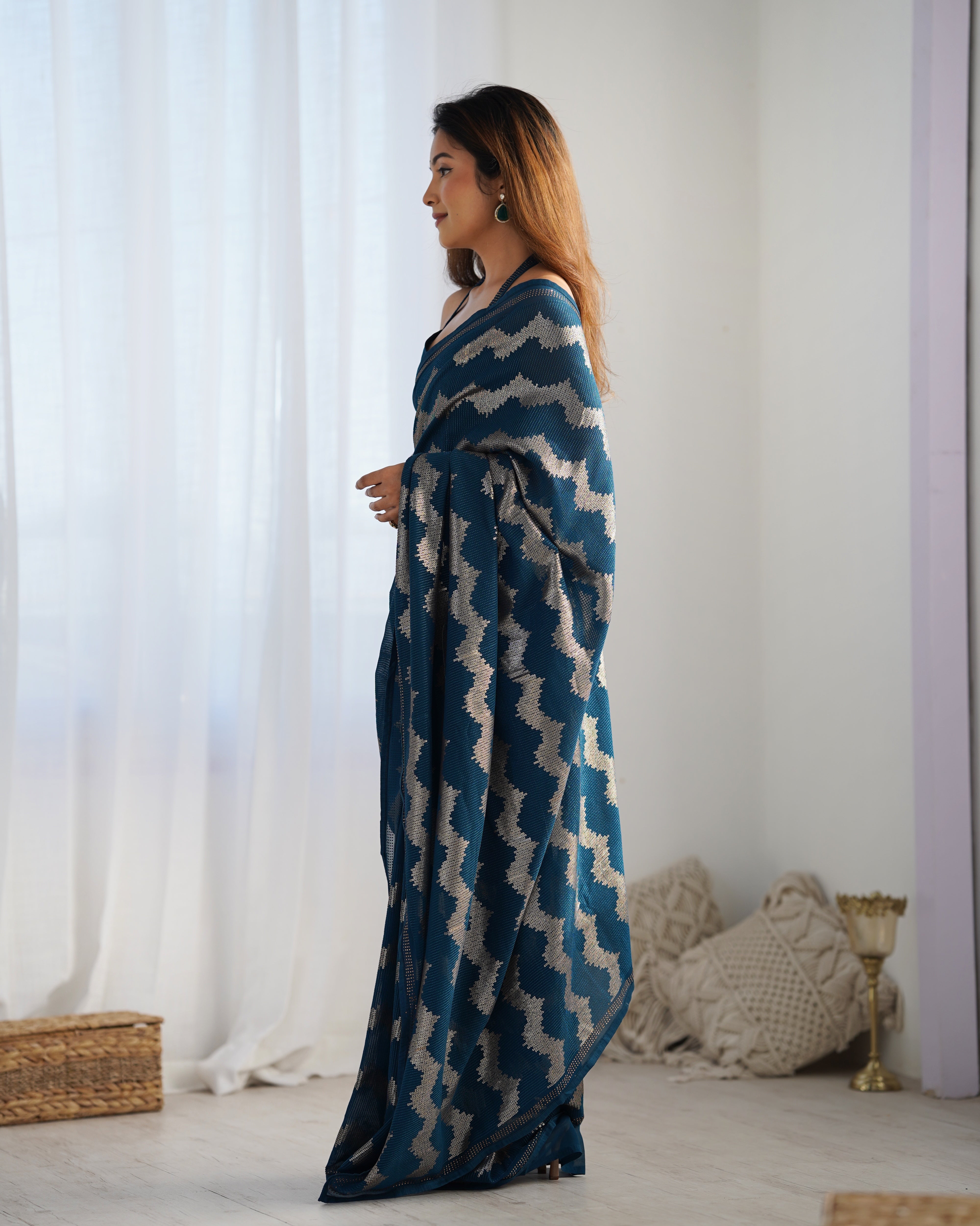 Solid Striped Embellished Sequinned Pure Georgette Saree