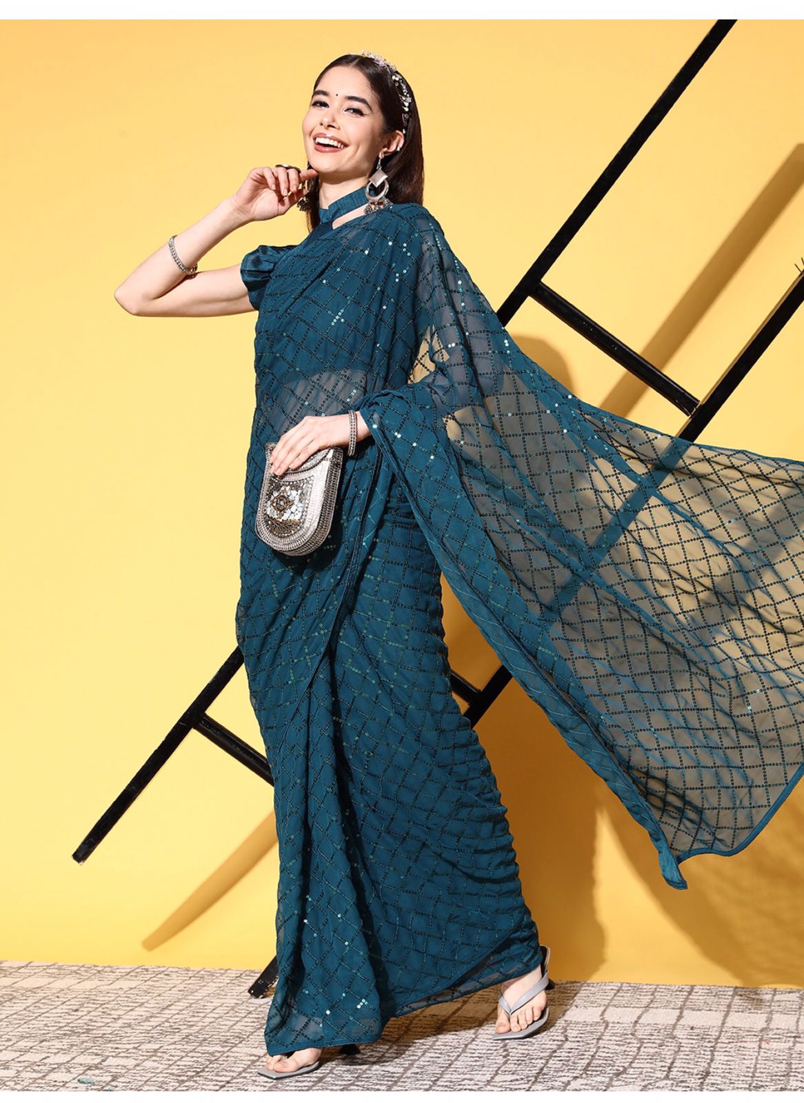 Solid Embellished Sequinned Pure Georgette Saree