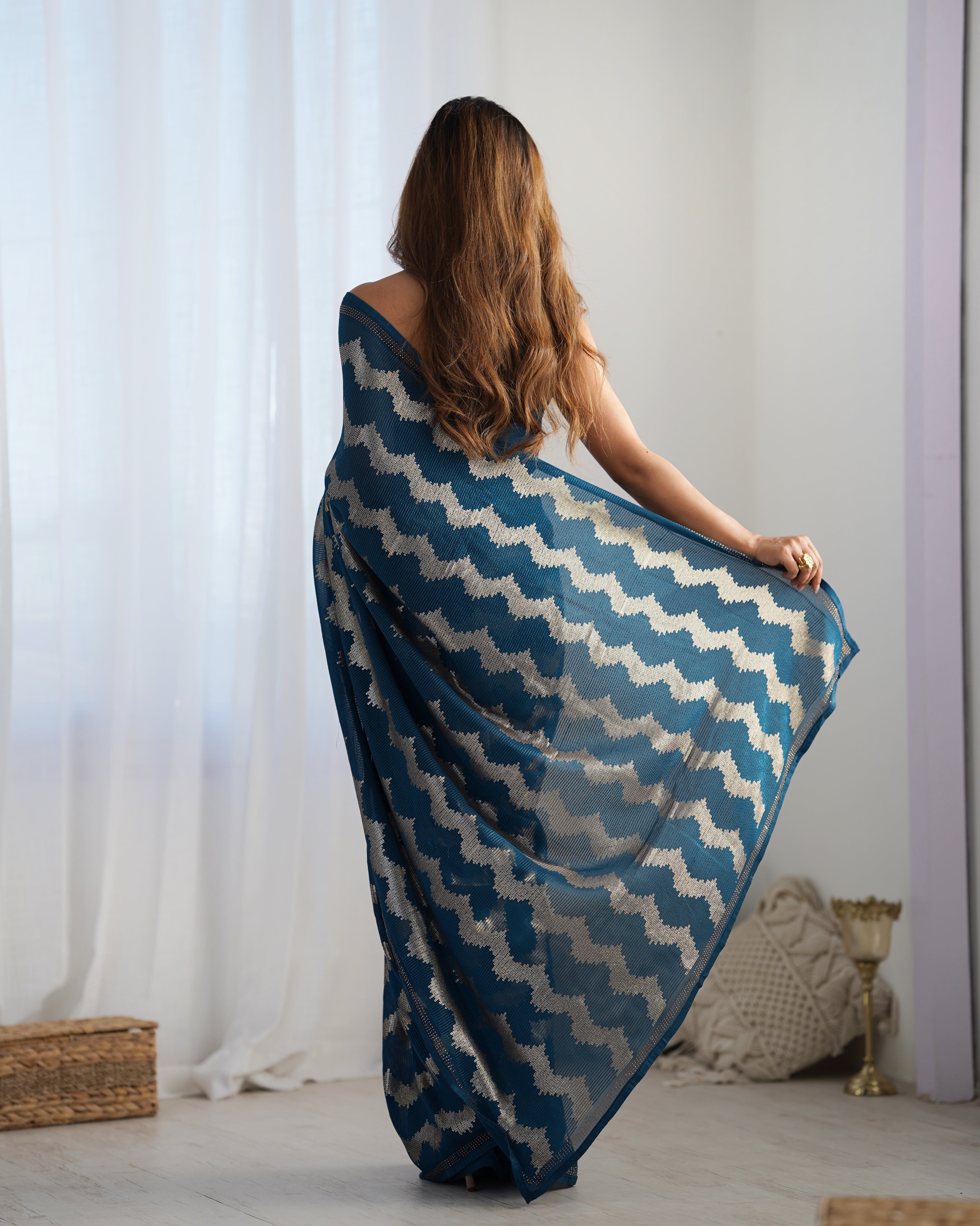 Solid Striped Embellished Sequinned Pure Georgette Saree