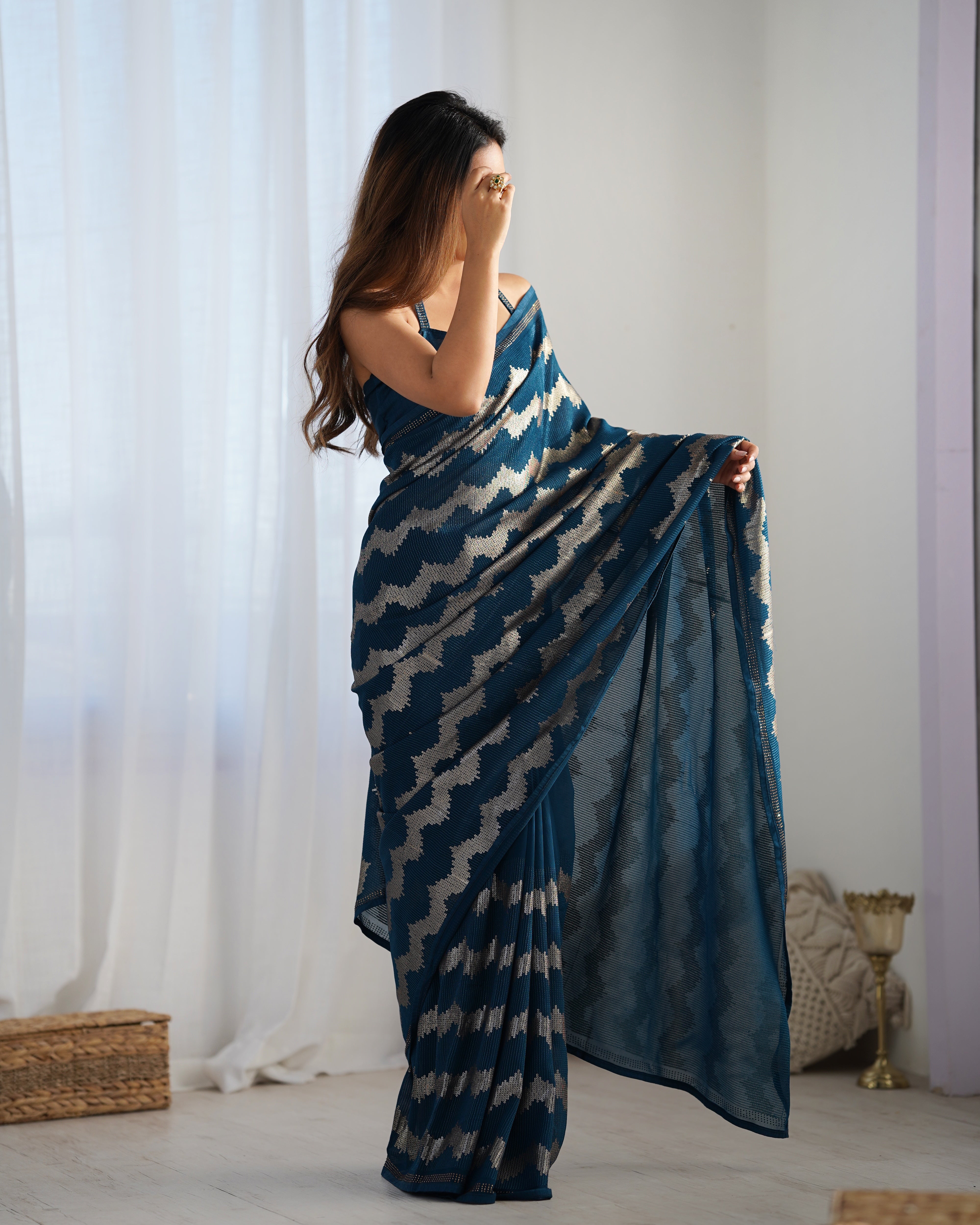 Solid Striped Embellished Sequinned Pure Georgette Saree
