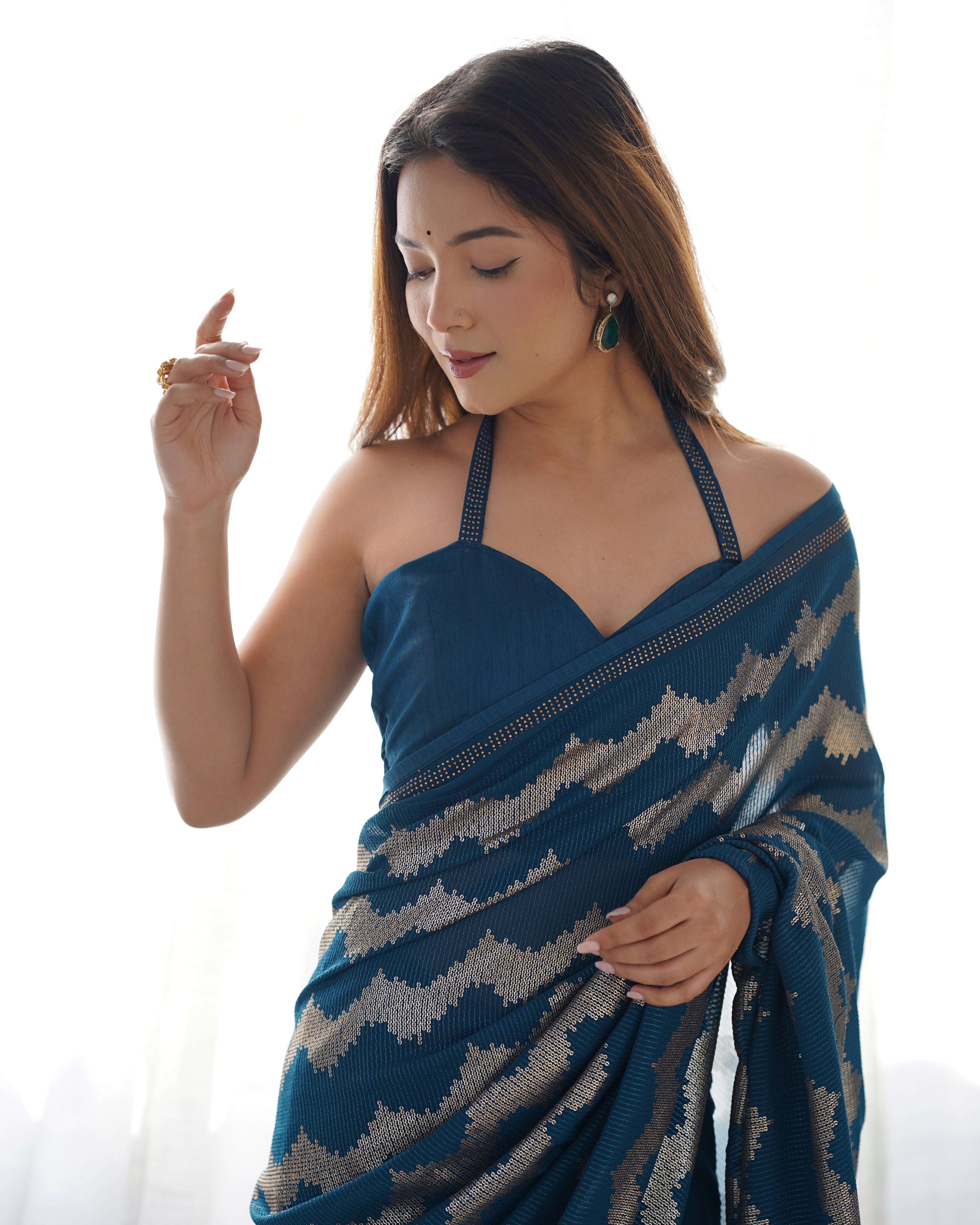 Solid Striped Embellished Sequinned Pure Georgette Saree