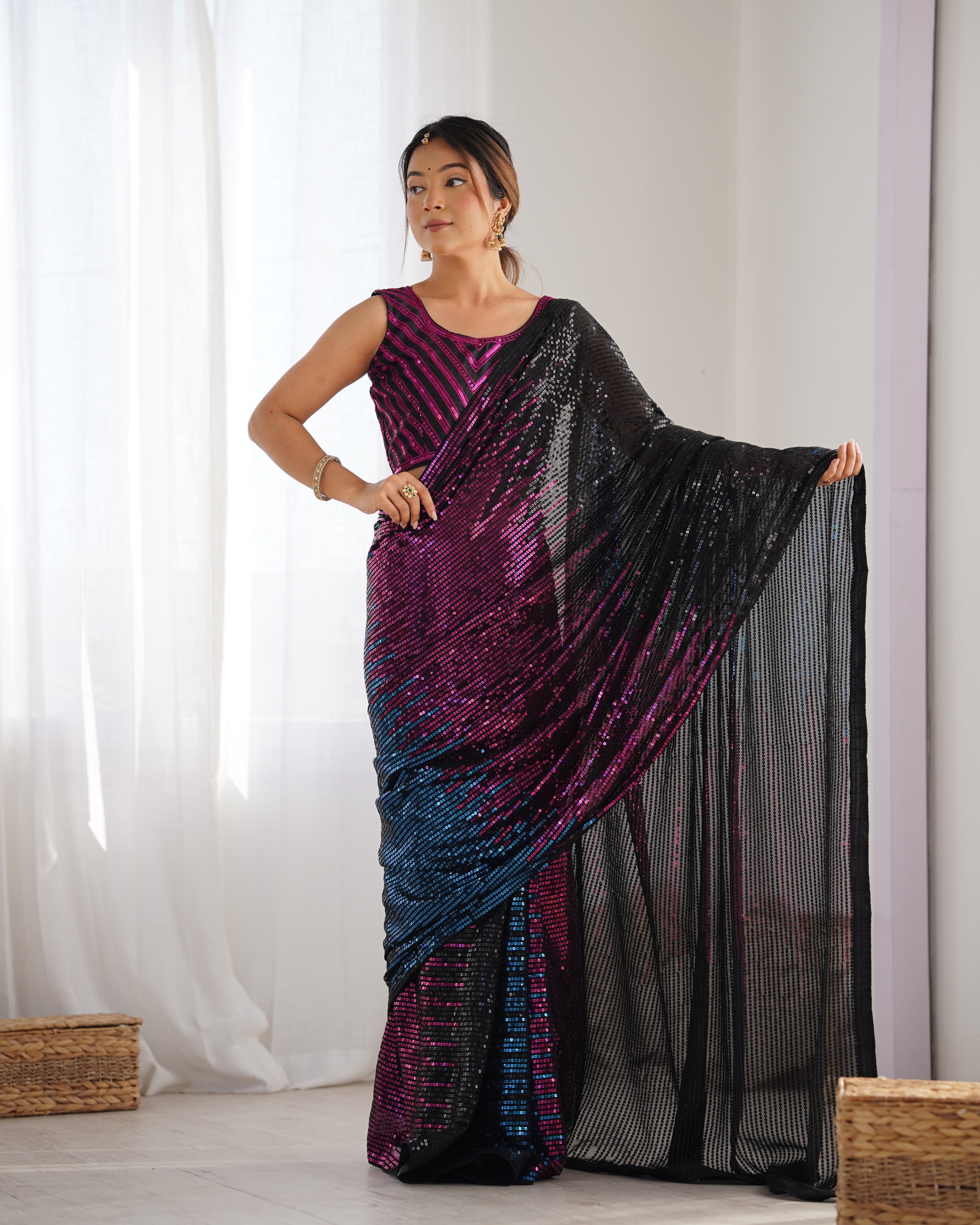 Black & Pink Embellished Sequinned Pure Georgette Saree