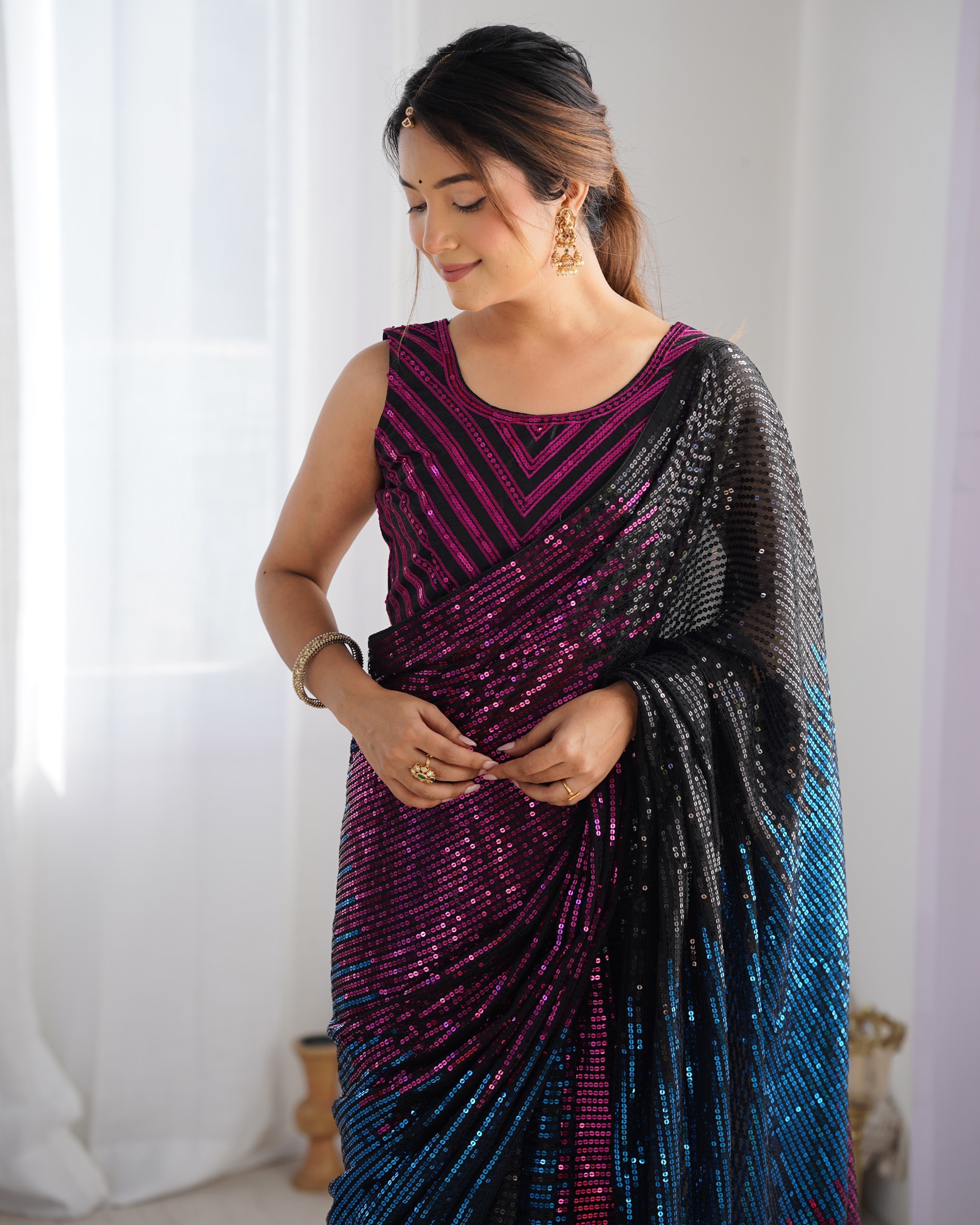 Black & Pink Embellished Sequinned Pure Georgette Saree