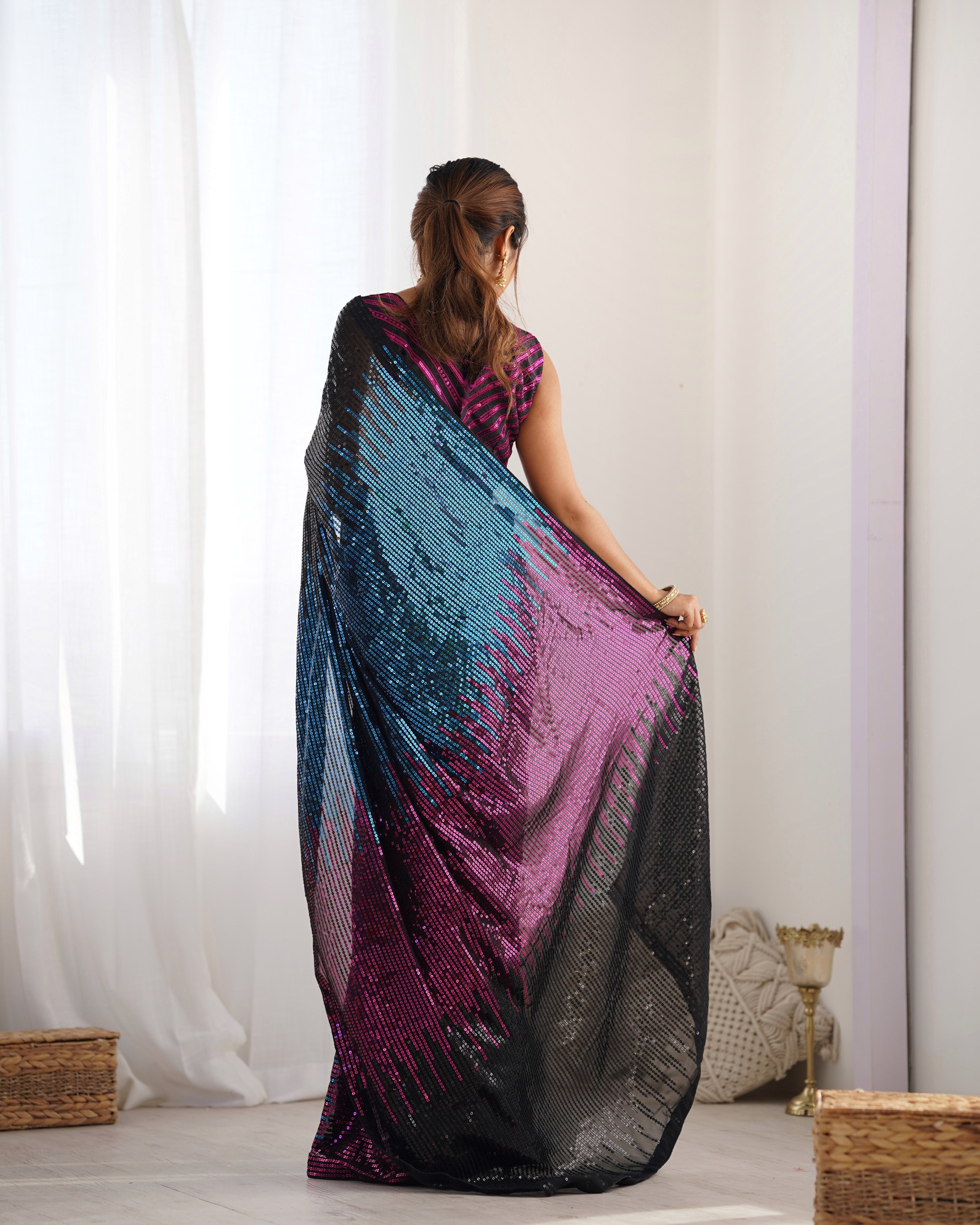 Black & Pink Embellished Sequinned Pure Georgette Saree