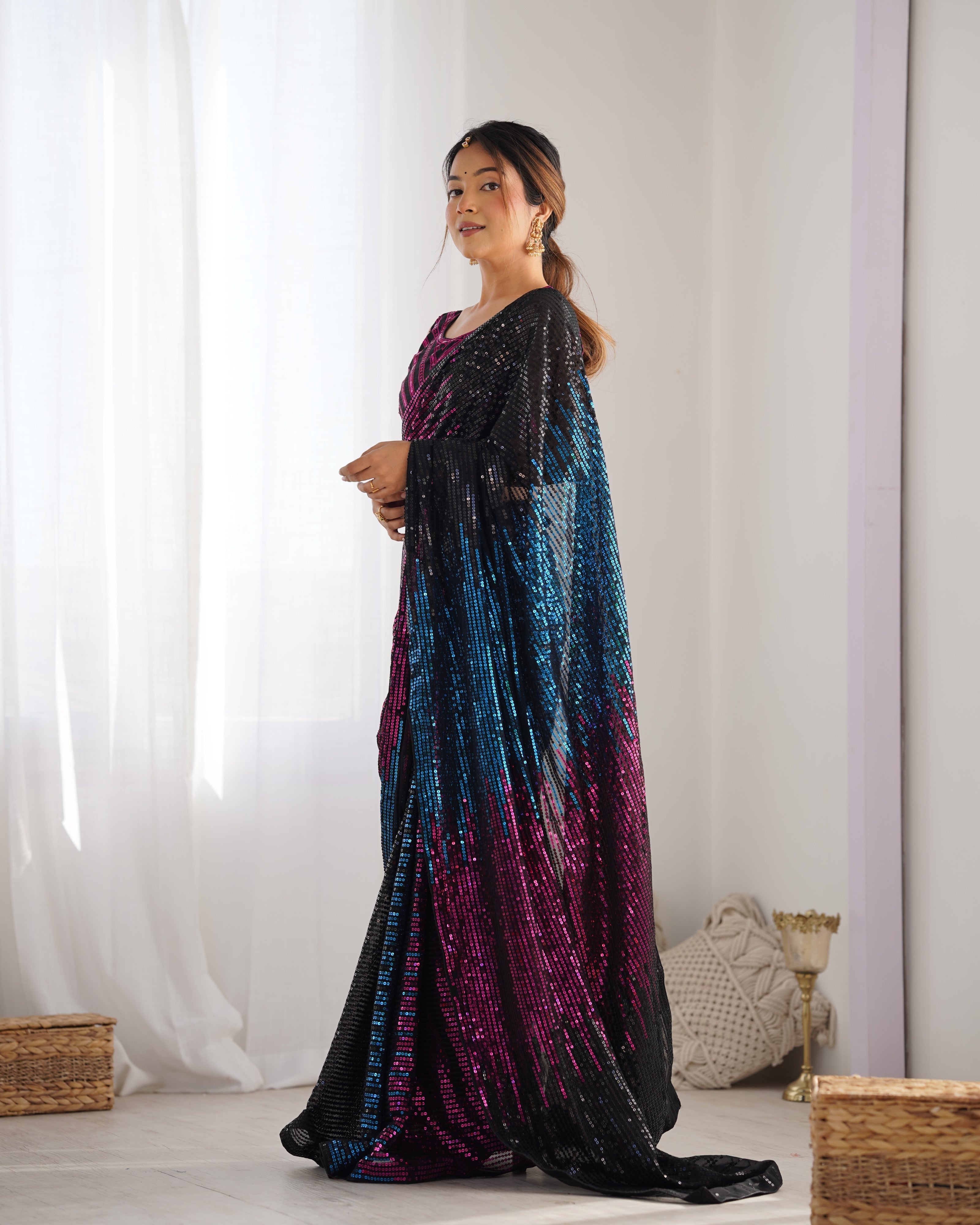 Black & Pink Embellished Sequinned Pure Georgette Saree