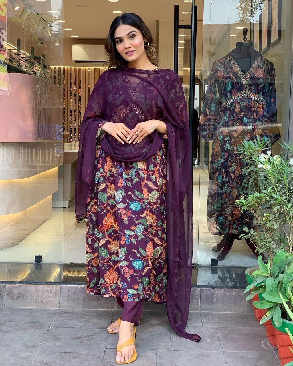 Purple Georgette Embroidery Kurta
