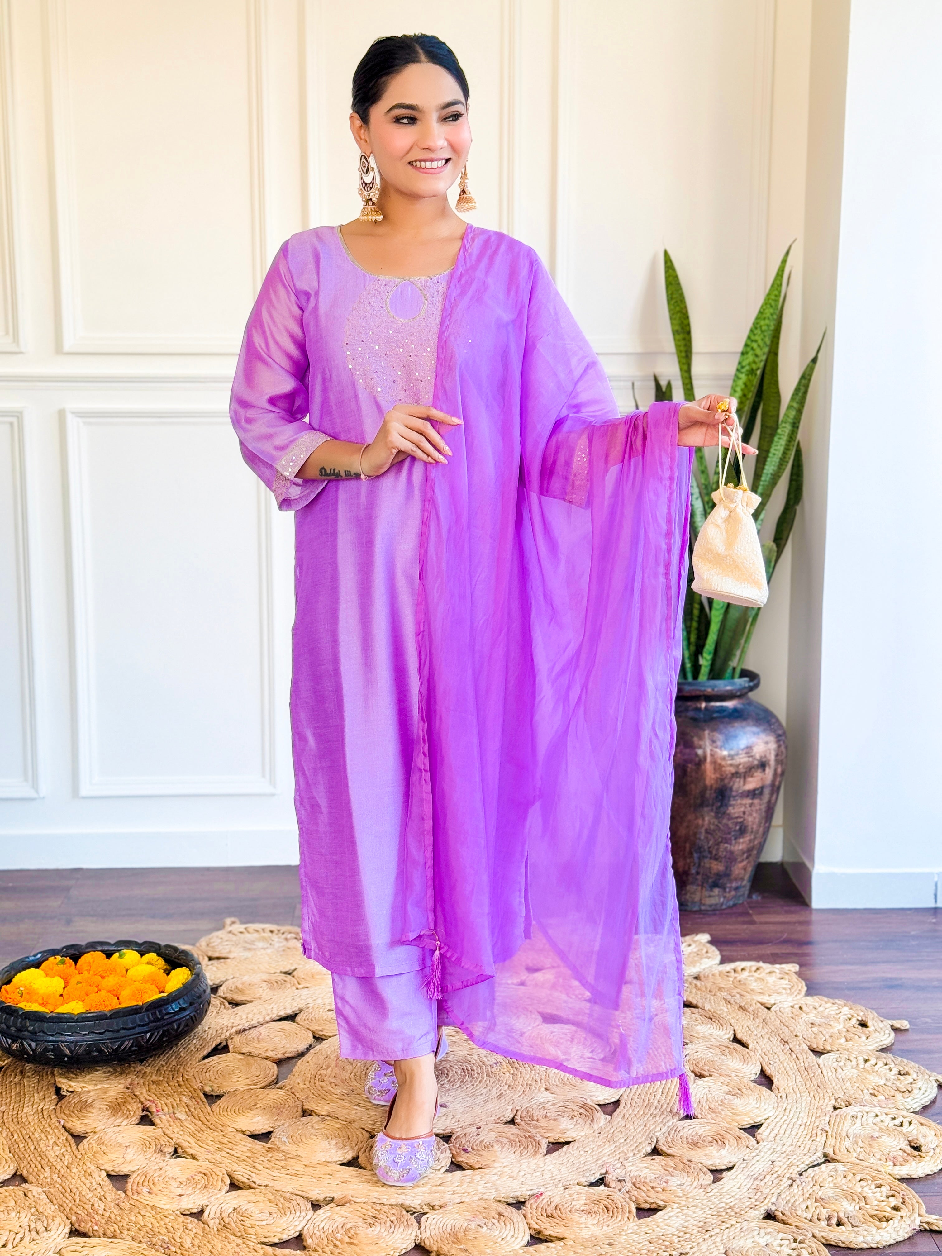 Purple Chanderi Embroidery Kurta