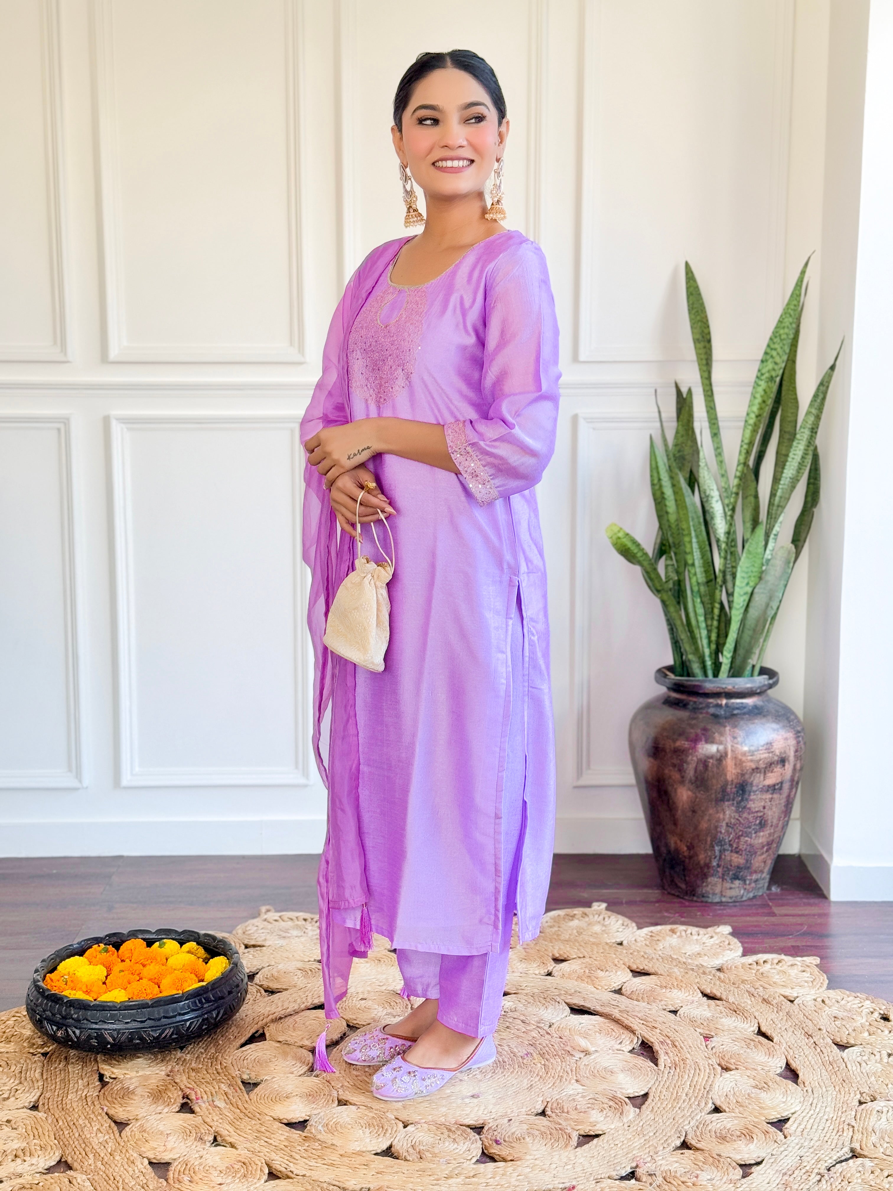 Purple Chanderi Embroidery Kurta
