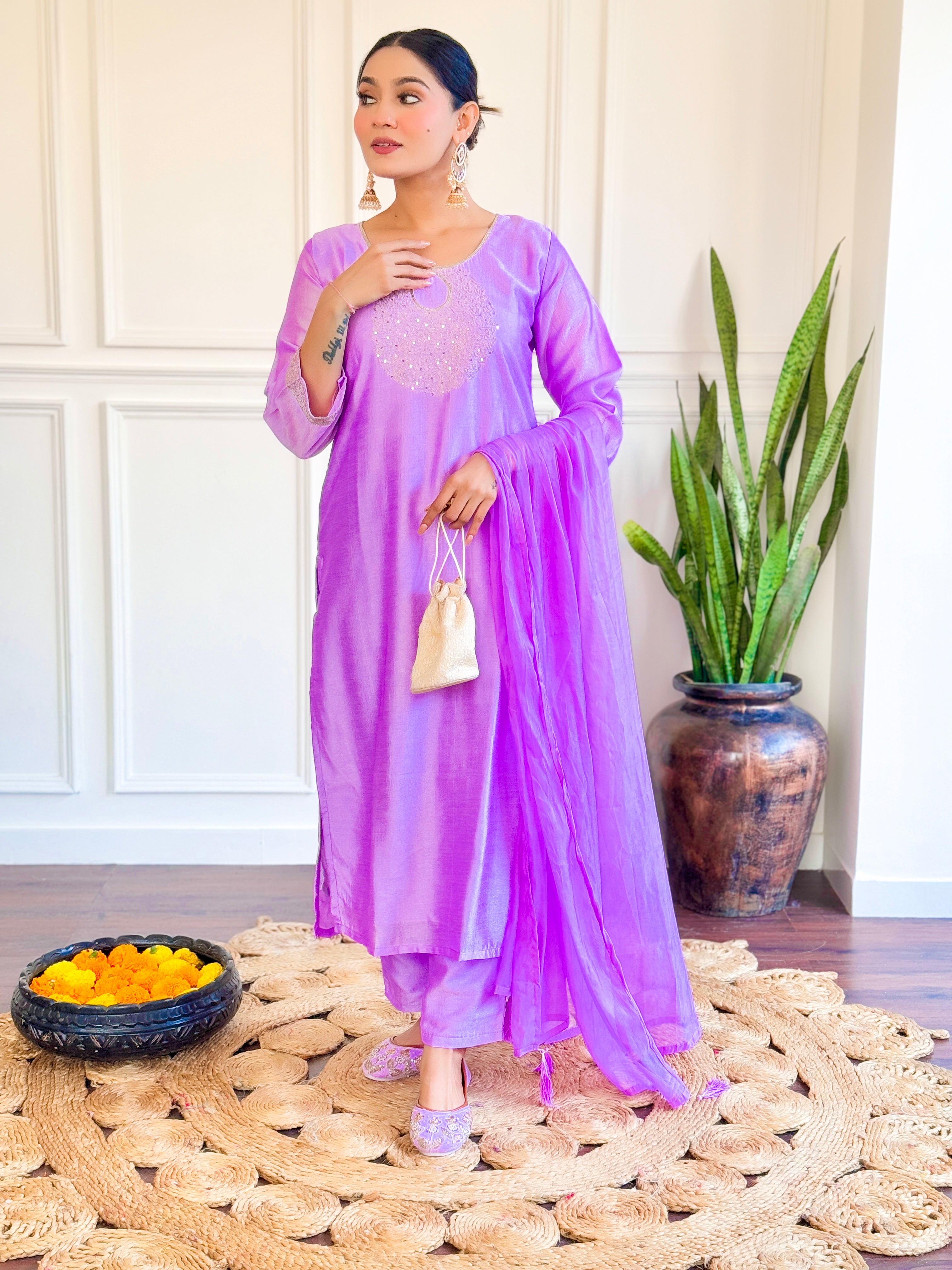Purple Chanderi Embroidery Kurta