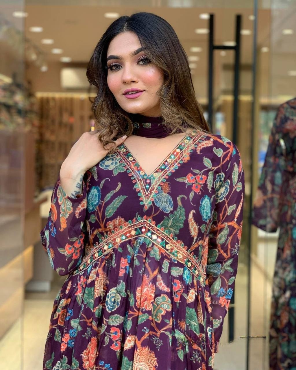 Purple Georgette Embroidery Kurta