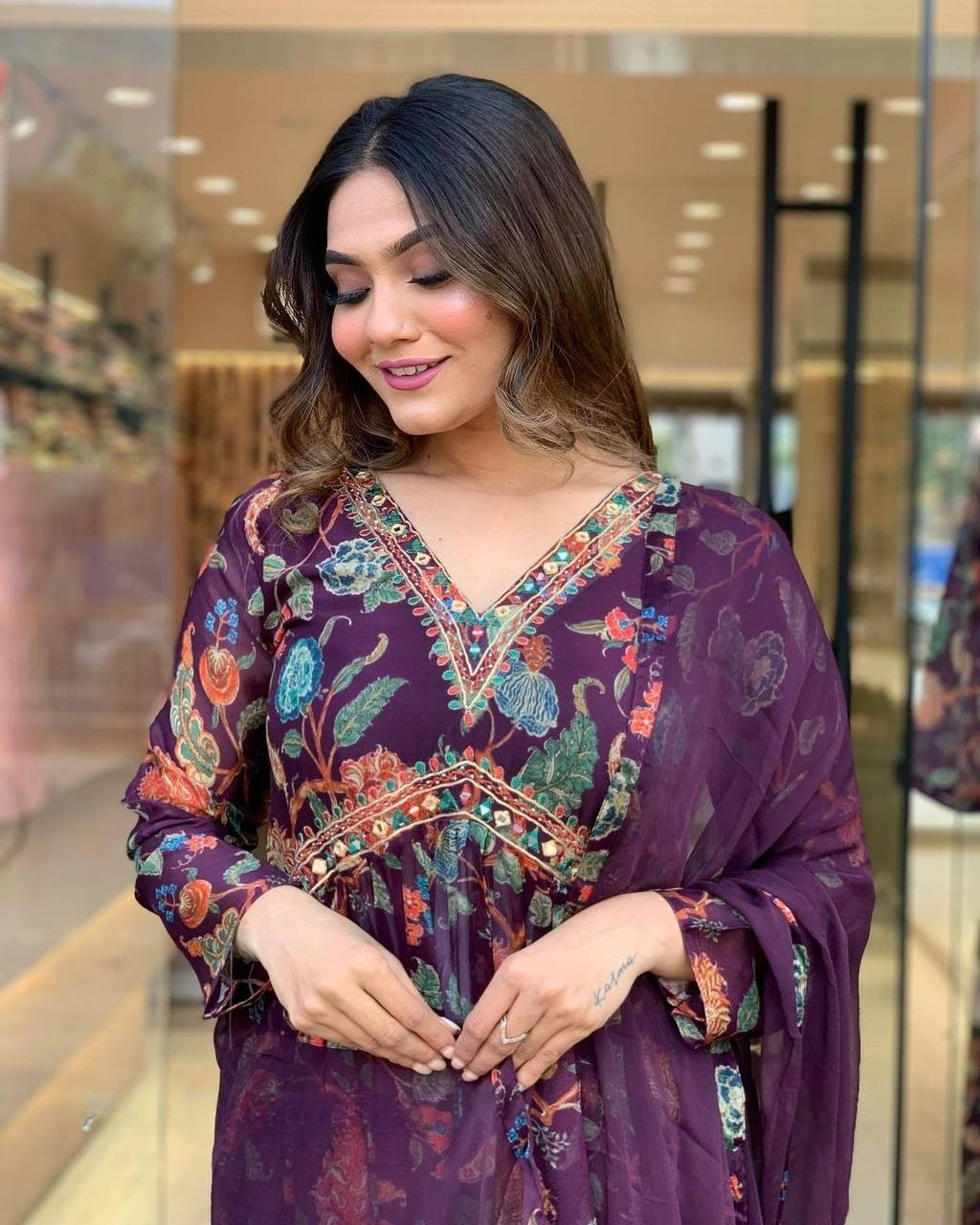 Purple Georgette Embroidery Kurta
