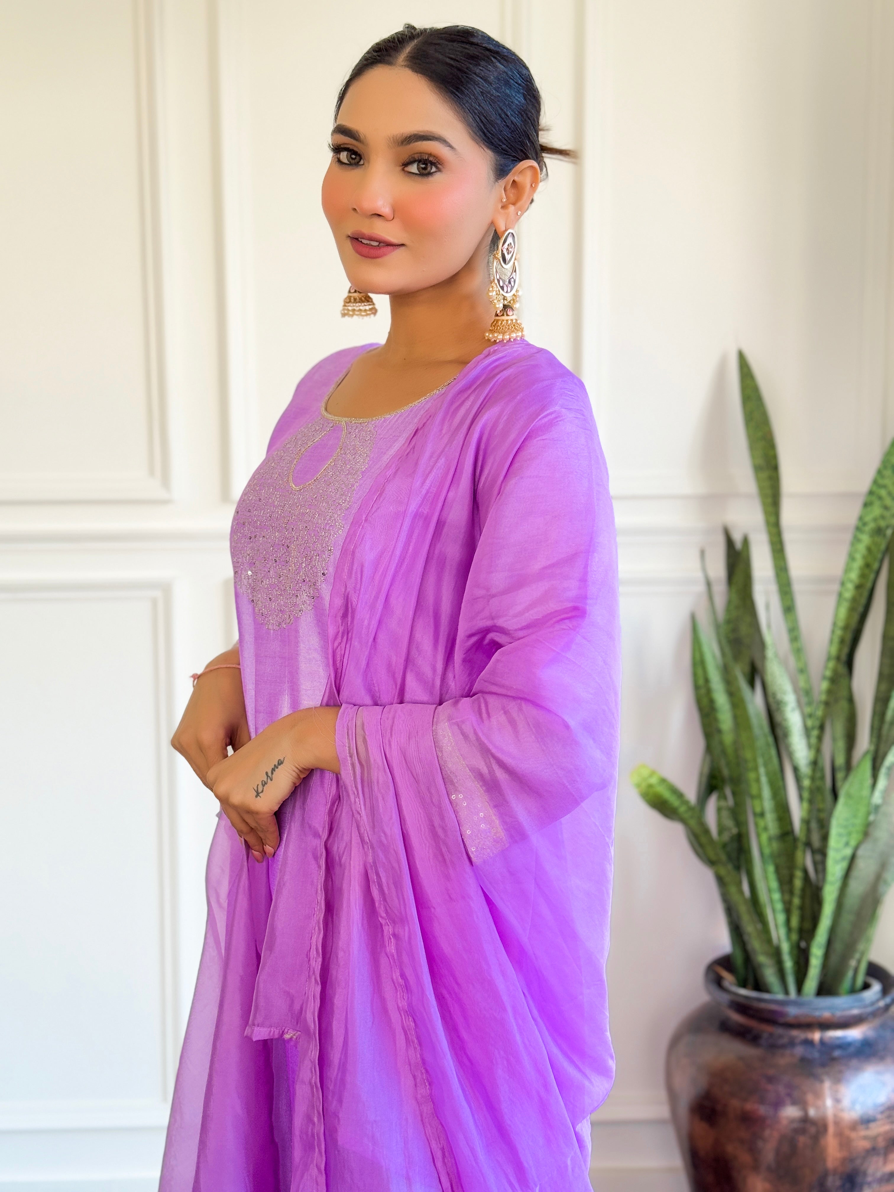 Purple Chanderi Embroidery Kurta