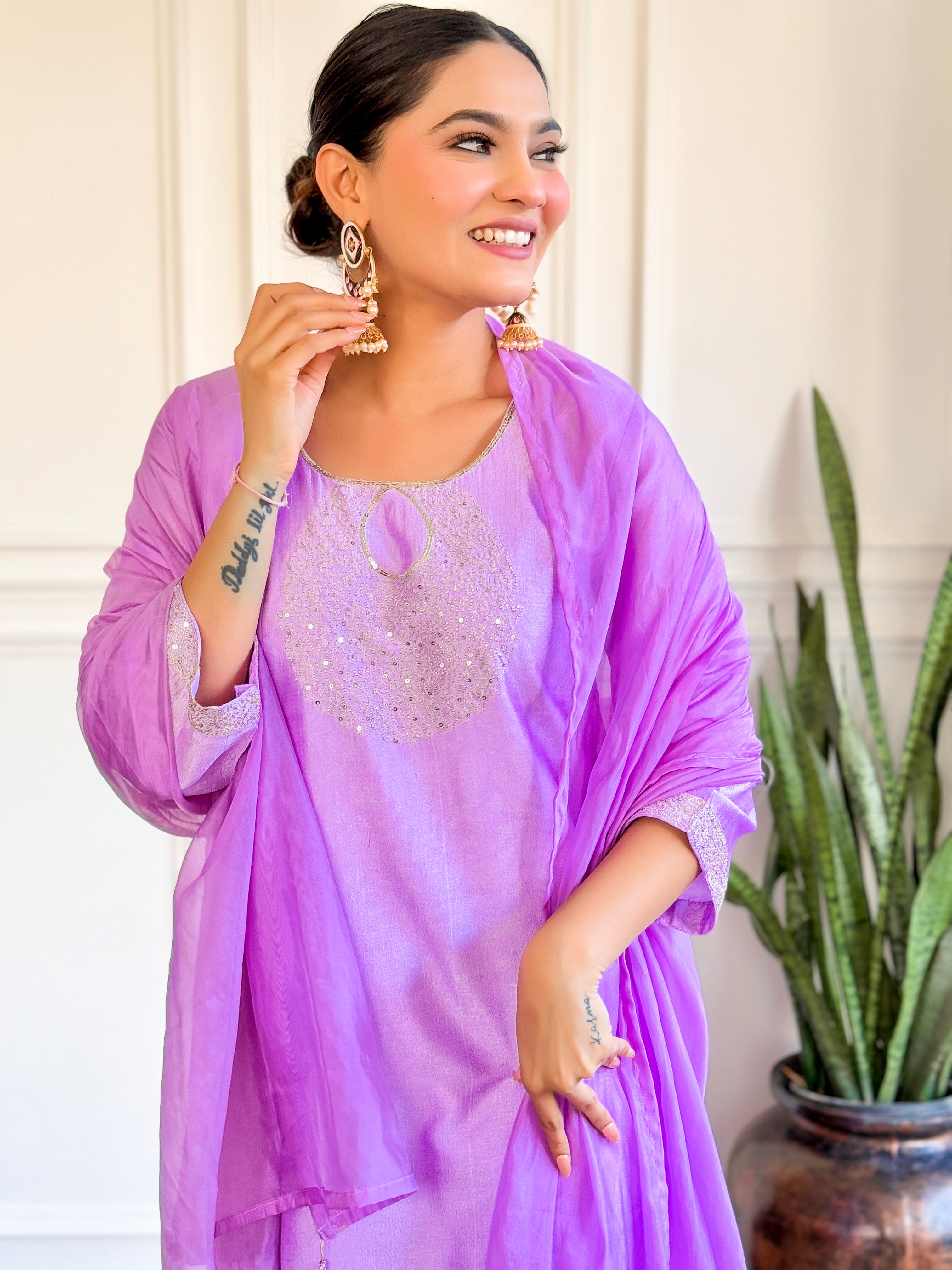 Purple Chanderi Embroidery Kurta