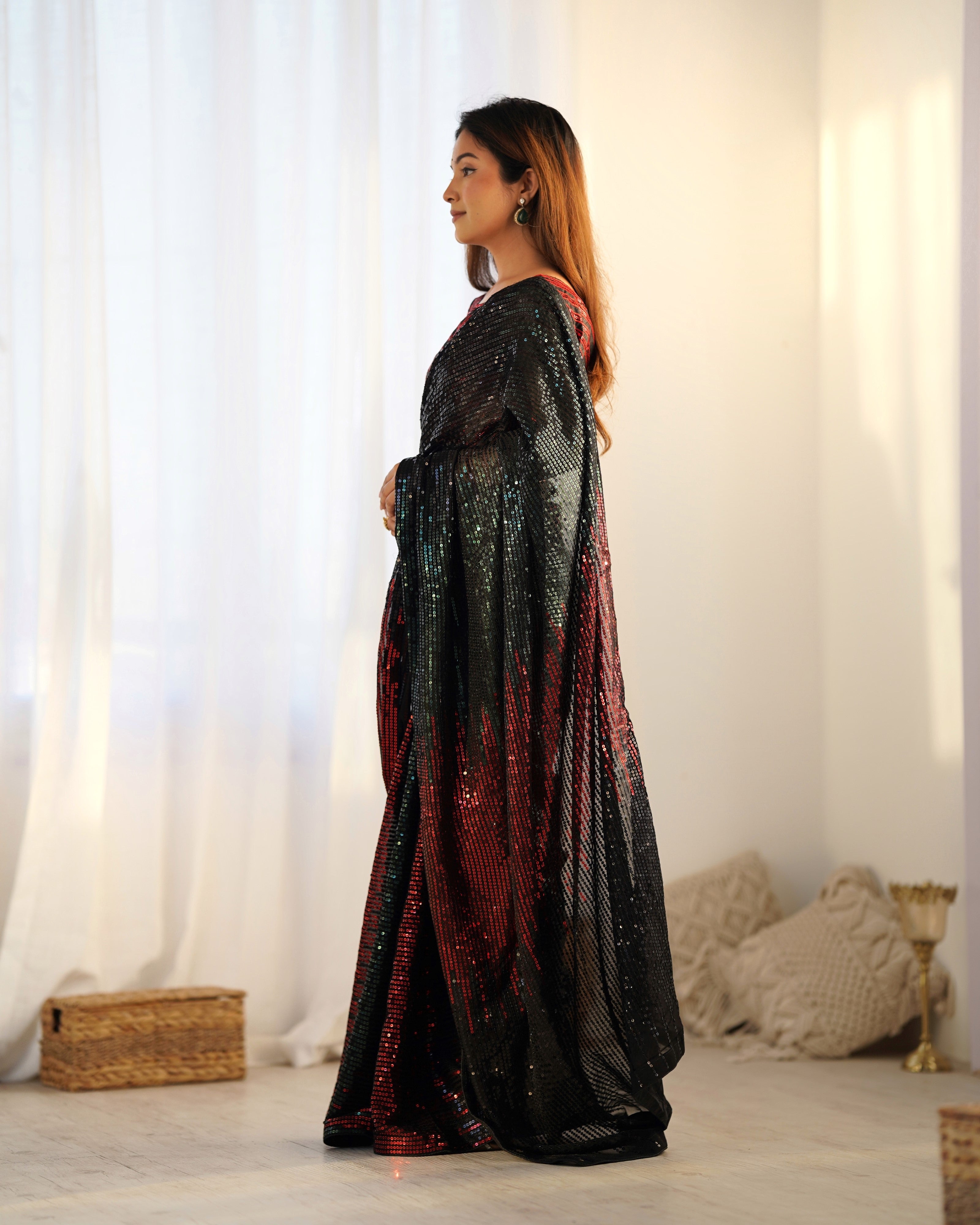 Black & Red Embellished Sequinned Pure Georgette Saree