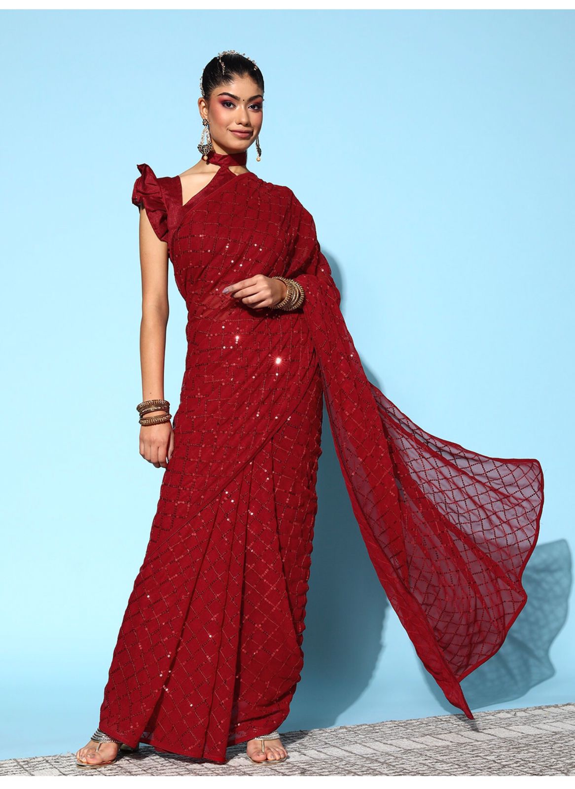 Solid Embellished Sequinned Pure Georgette Saree