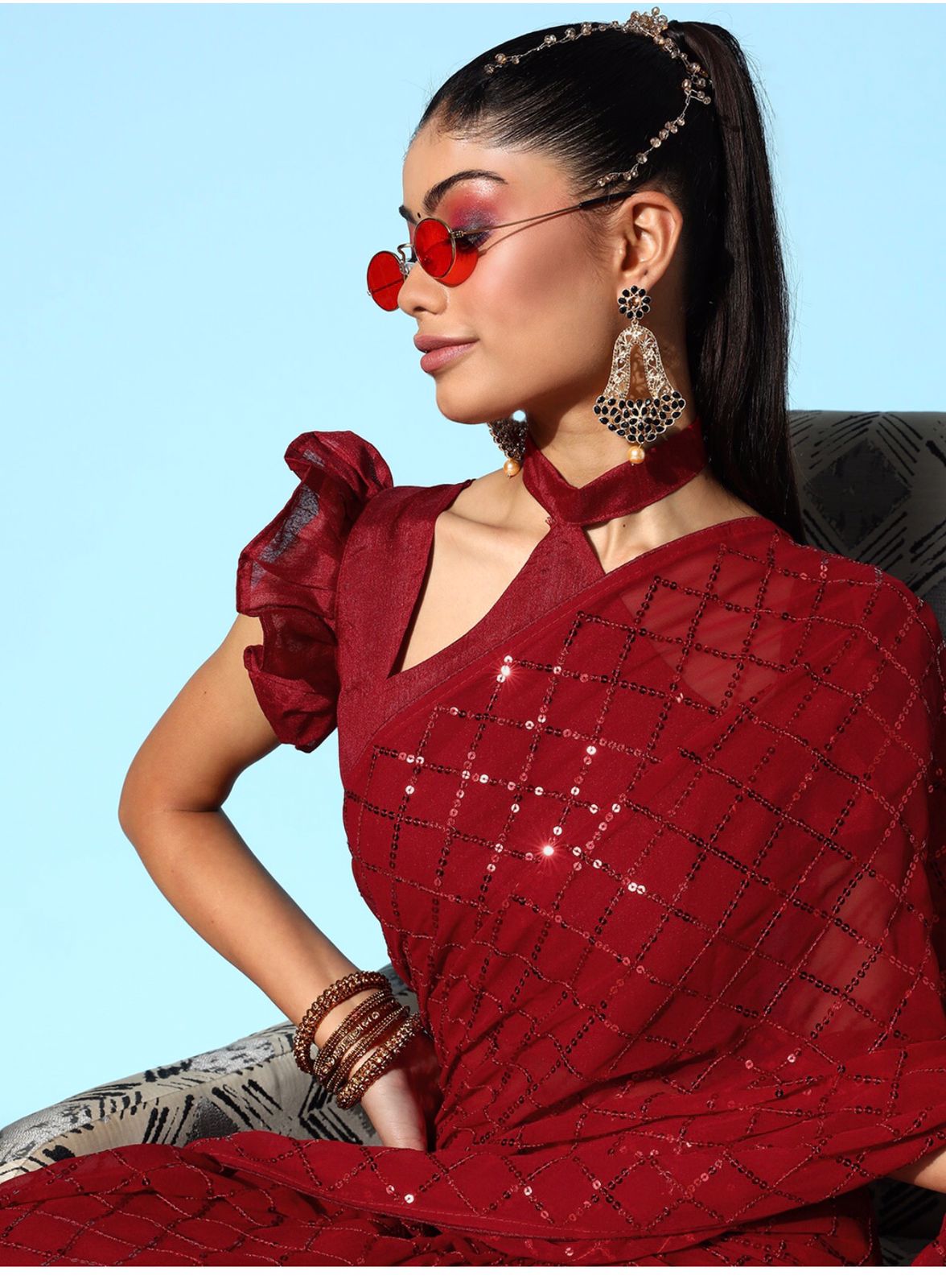 Solid Embellished Sequinned Pure Georgette Saree