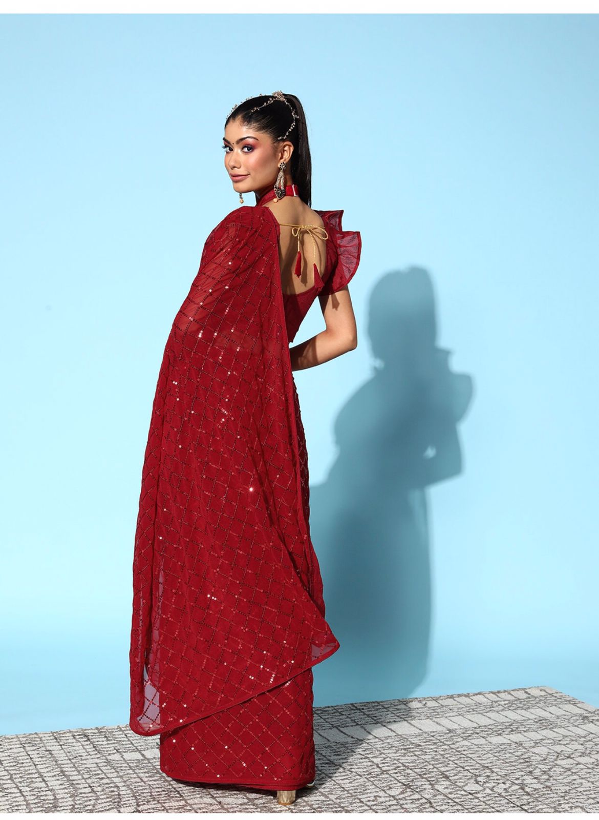 Solid Embellished Sequinned Pure Georgette Saree