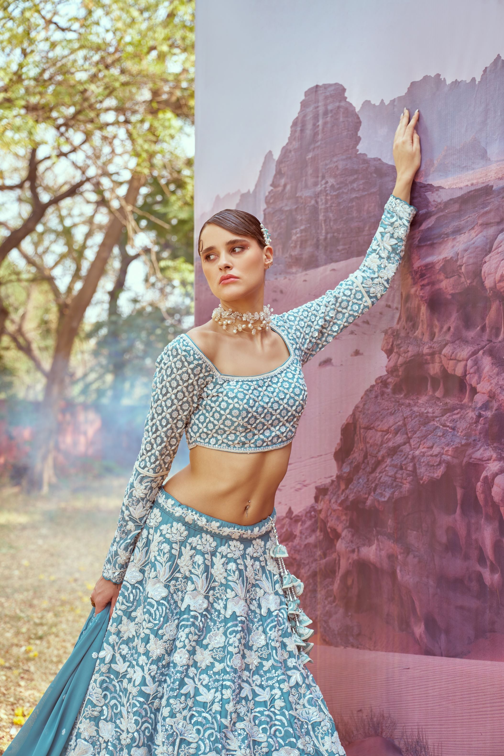 Turquoise blue Georgette Beads embroidery Lehenga choli & Dupatta