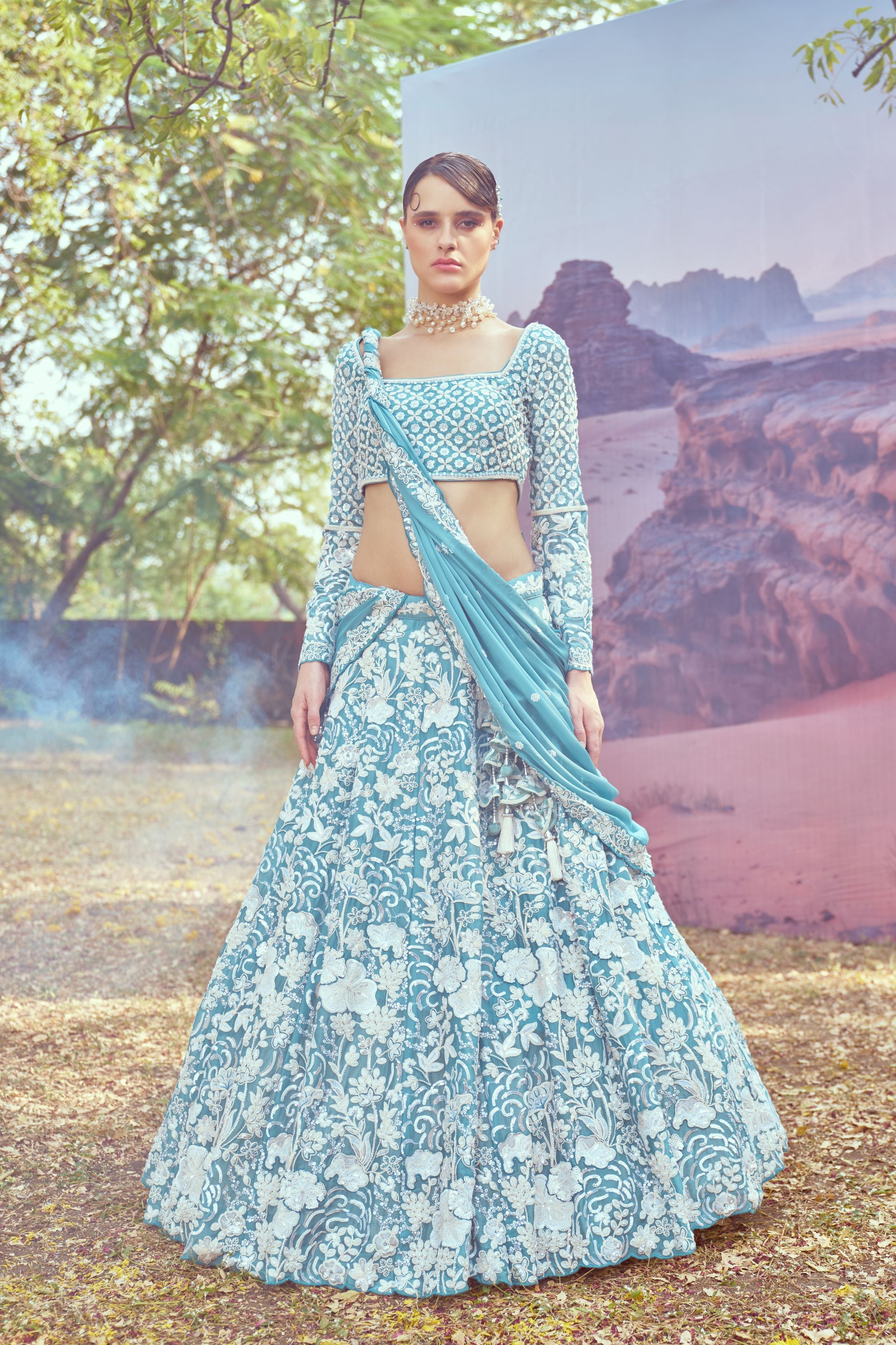 Turquoise blue Georgette Beads embroidery Lehenga choli & Dupatta