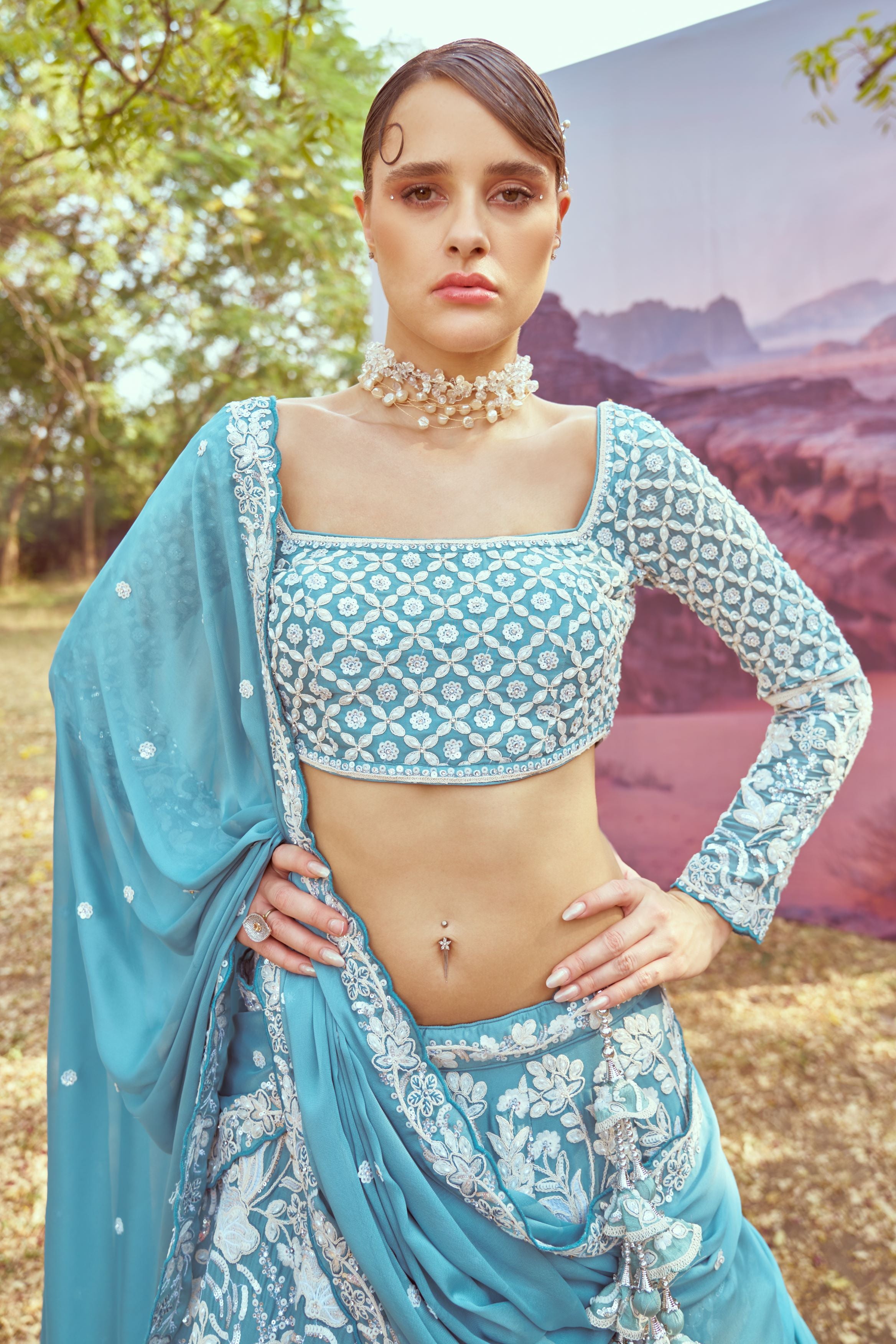 Turquoise blue Georgette Beads embroidery Lehenga choli & Dupatta