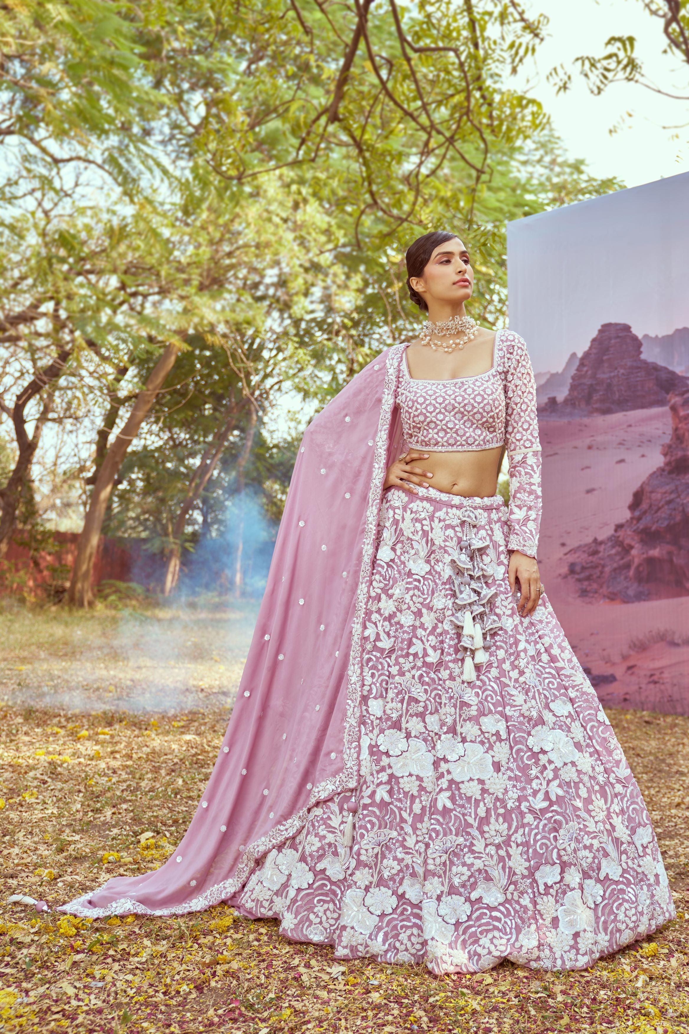 Lavender Georgette Beads embroidery Lehenga choli & Dupatta