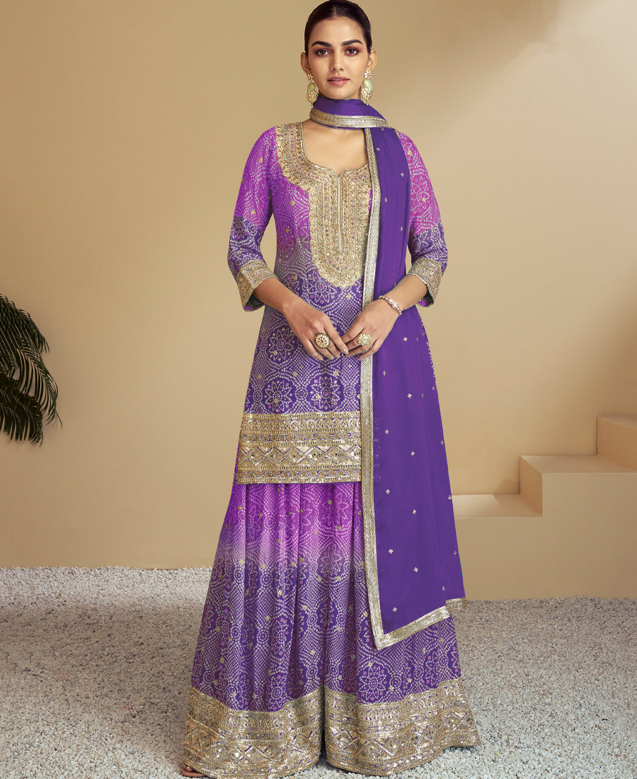 Lilac Bandhni Printed Traditional Suit Set For Women