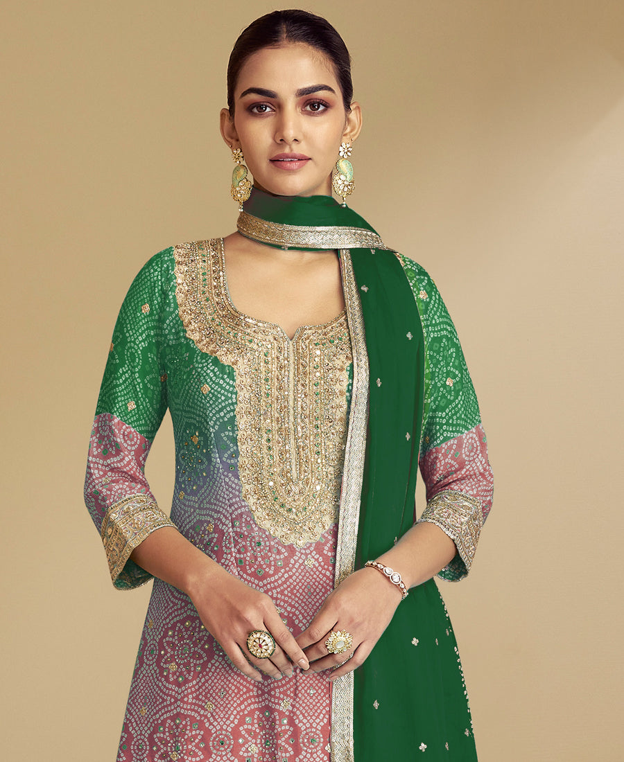 Green Bandhni Printed Traditional Suit Set For Women