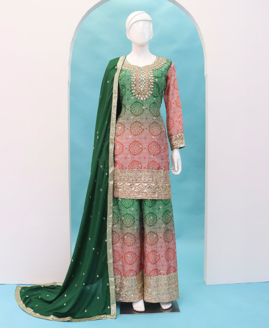 Green Bandhni Printed Traditional Suit Set For Women