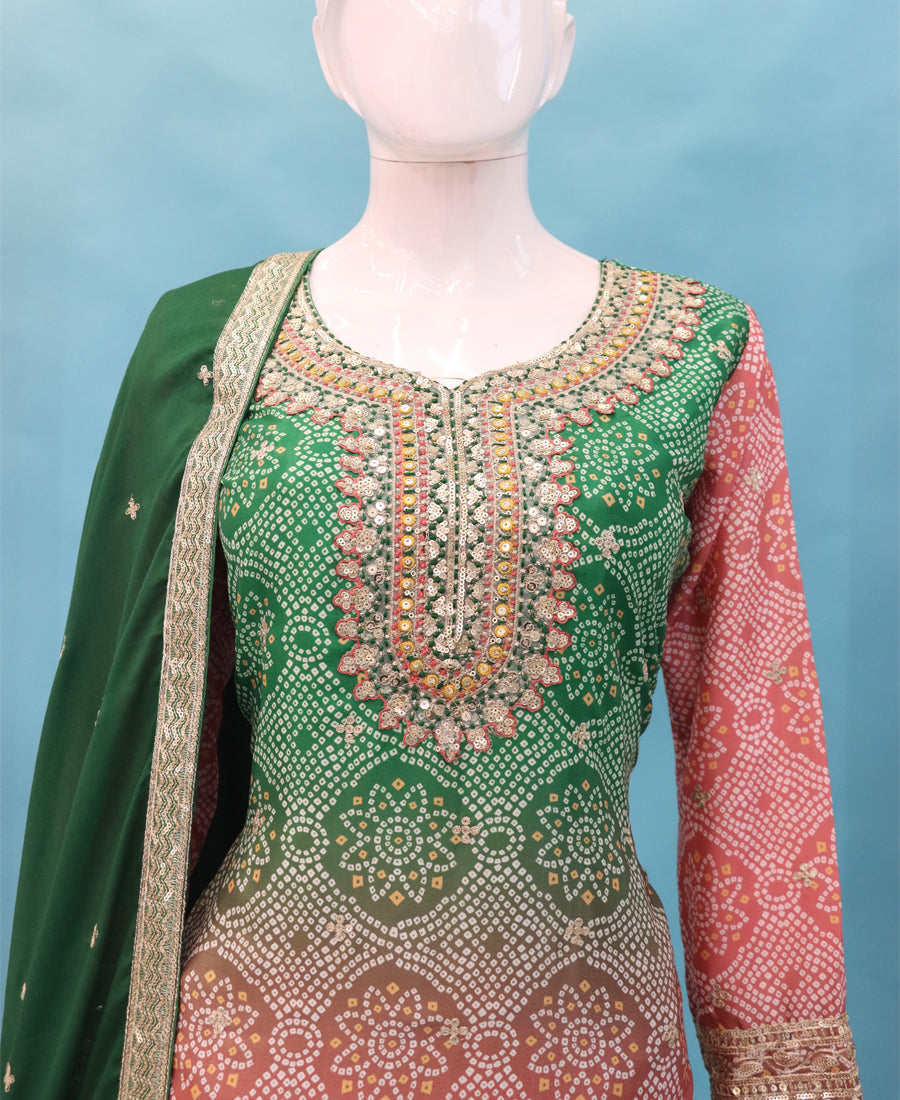 Green Bandhni Printed Traditional Suit Set For Women