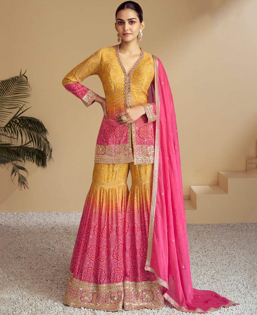 Pink Bandhni Printed Sharara Suit For Women Festival Wear