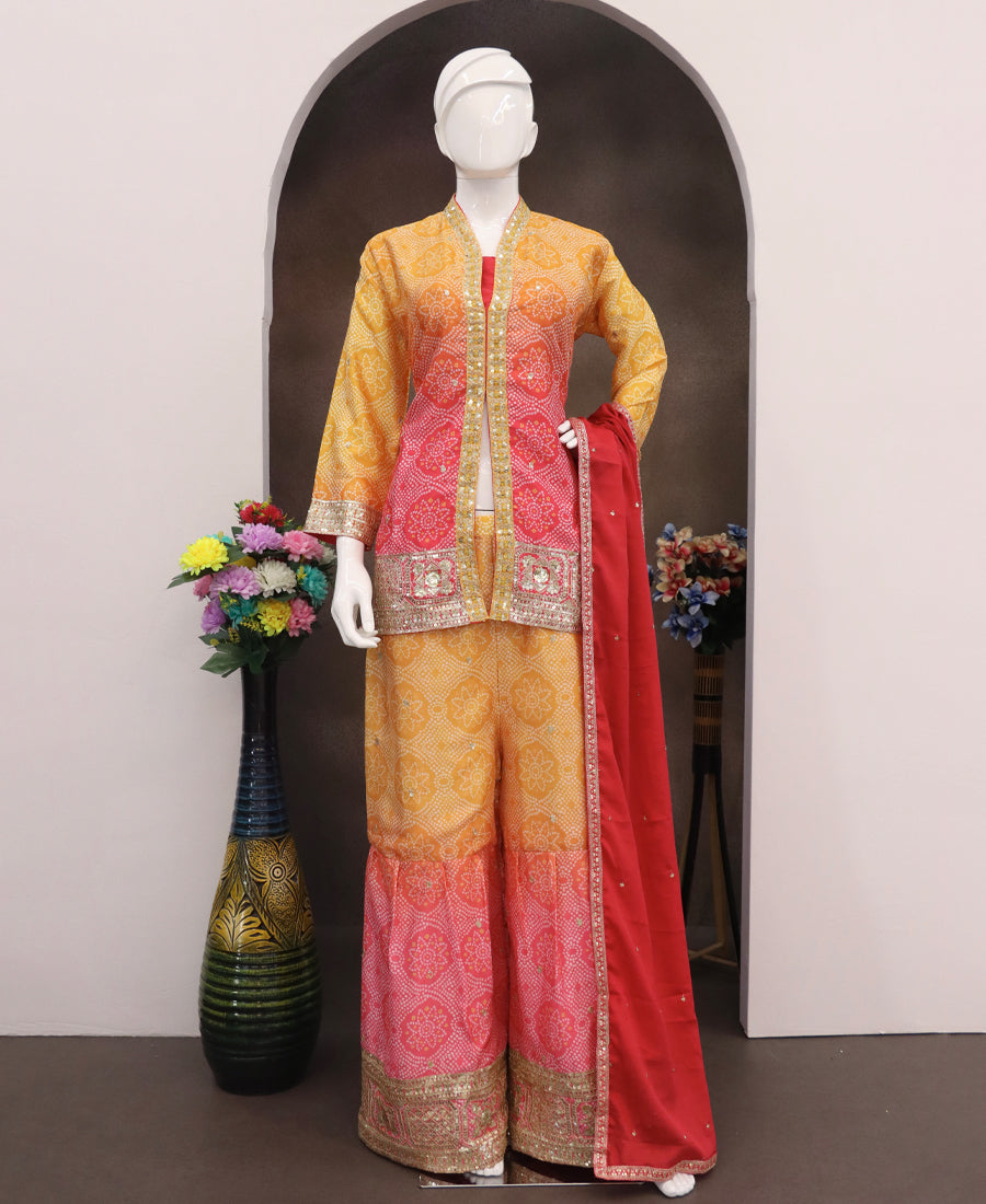 Pink Bandhni Printed Sharara Suit For Women Festival Wear