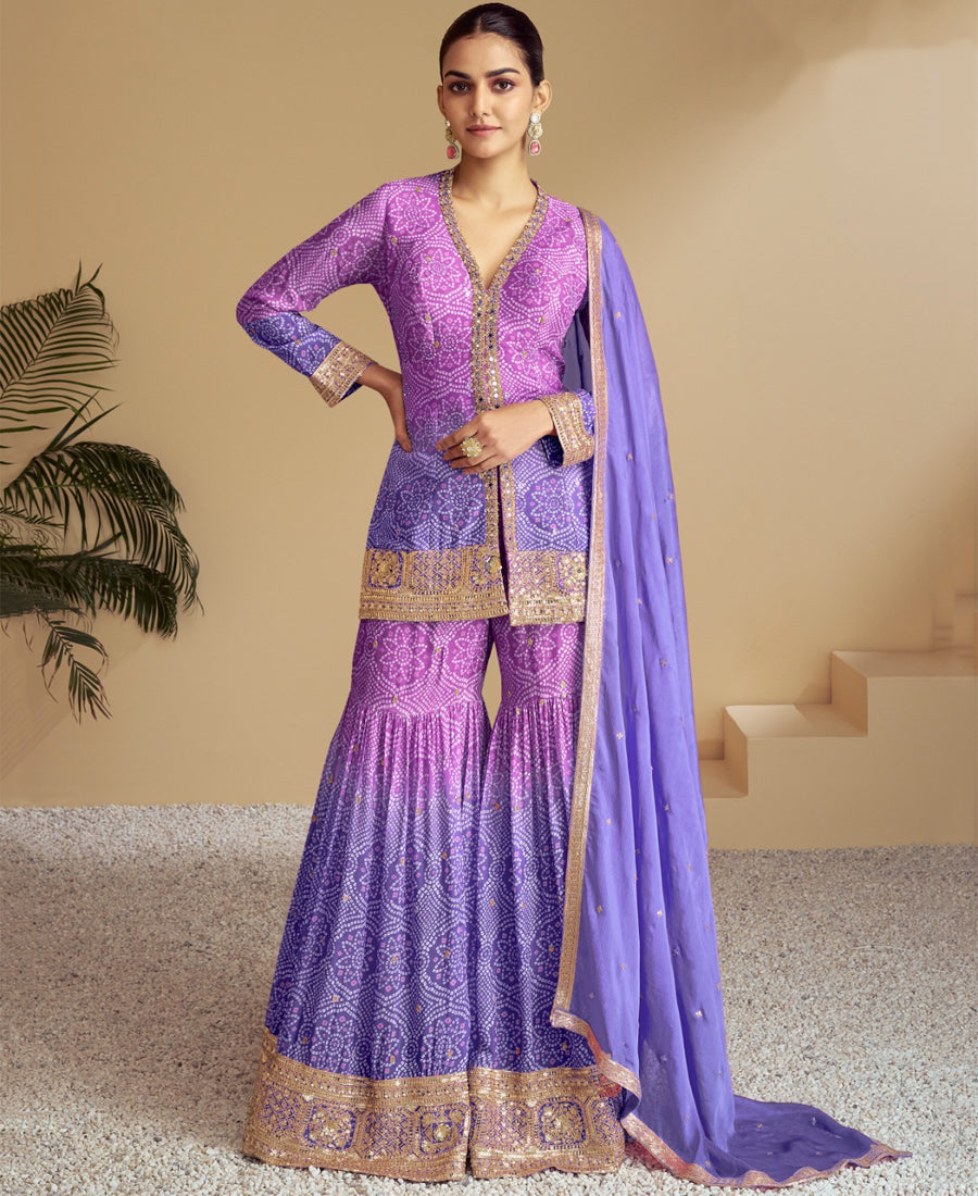 Lilac Bandhni Printed Sharara Suit For Women Festival Wear