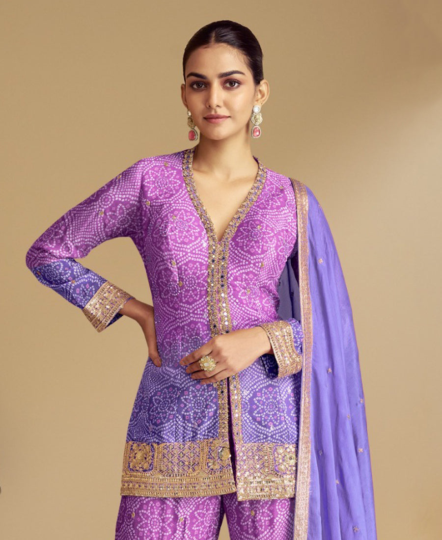 Lilac Bandhni Printed Sharara Suit For Women Festival Wear
