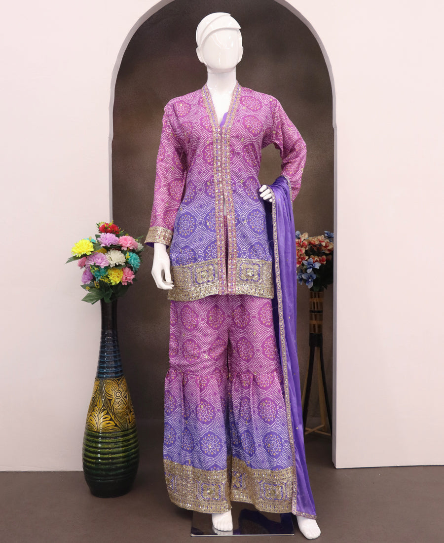 Lilac Bandhni Printed Sharara Suit For Women Festival Wear