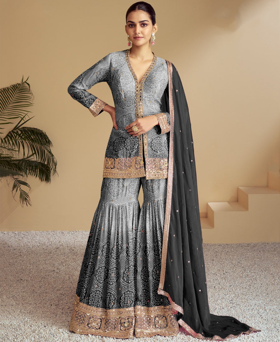 Black Bandhni Printed Sharara Suit For Women Festival Wear