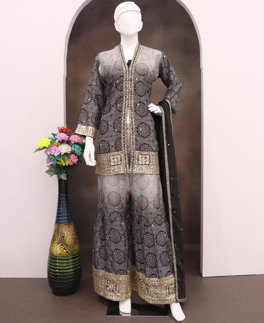 Black Bandhni Printed Sharara Suit For Women Festival Wear
