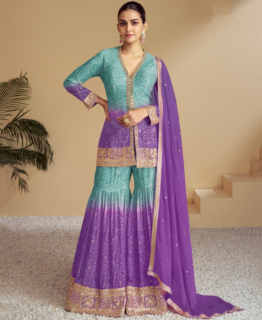Purple Bandhni Printed Sharara Suit For Women Festival Wear