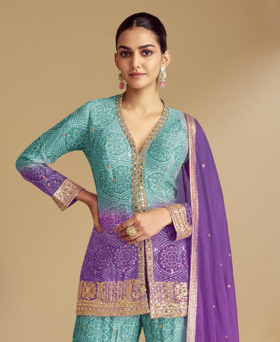 Purple Bandhni Printed Sharara Suit For Women Festival Wear