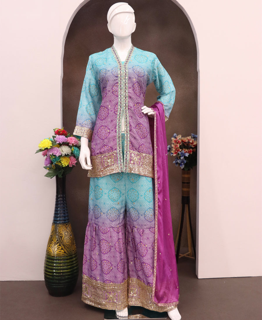 Purple Bandhni Printed Sharara Suit For Women Festival Wear