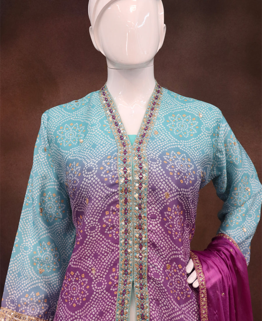 Purple Bandhni Printed Sharara Suit For Women Festival Wear