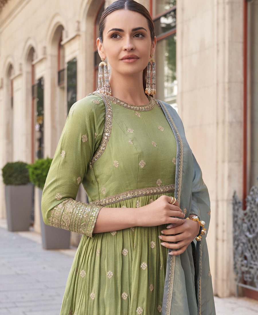 Party Wear Fancy Pista Green Palazzo Suit Set For Women With Dupatta