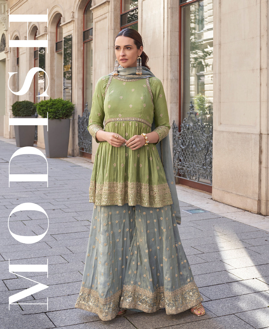 Party Wear Fancy Pista Green Palazzo Suit Set For Women With Dupatta