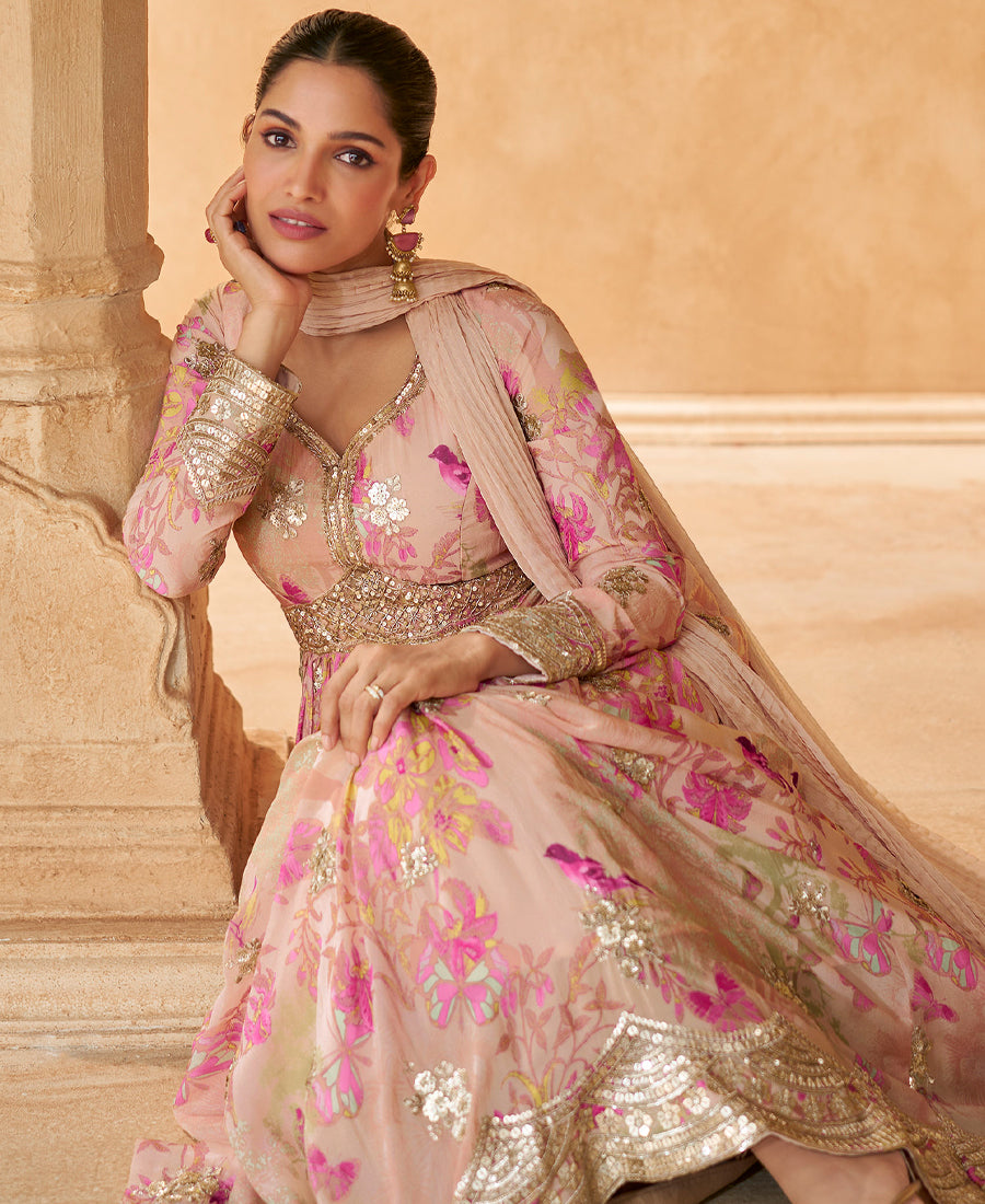 New Pink Floral Printed Chinon Anarkali Set For Women