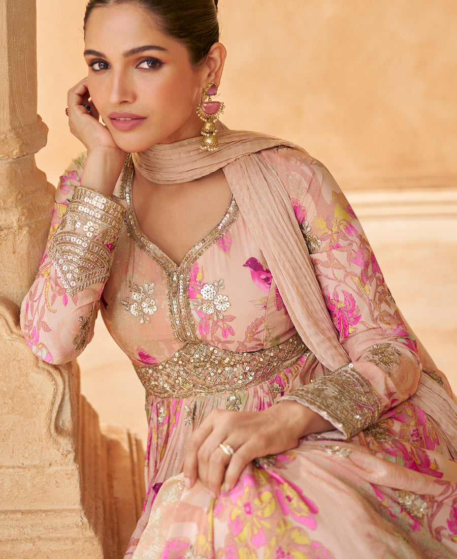New Pink Floral Printed Chinon Anarkali Set For Women