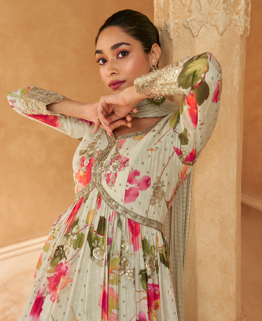 New White Floral Printed Chinon Anarkali Set For Women