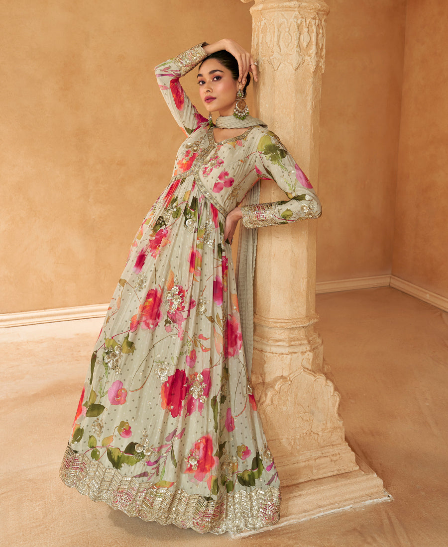 New White Floral Printed Chinon Anarkali Set For Women