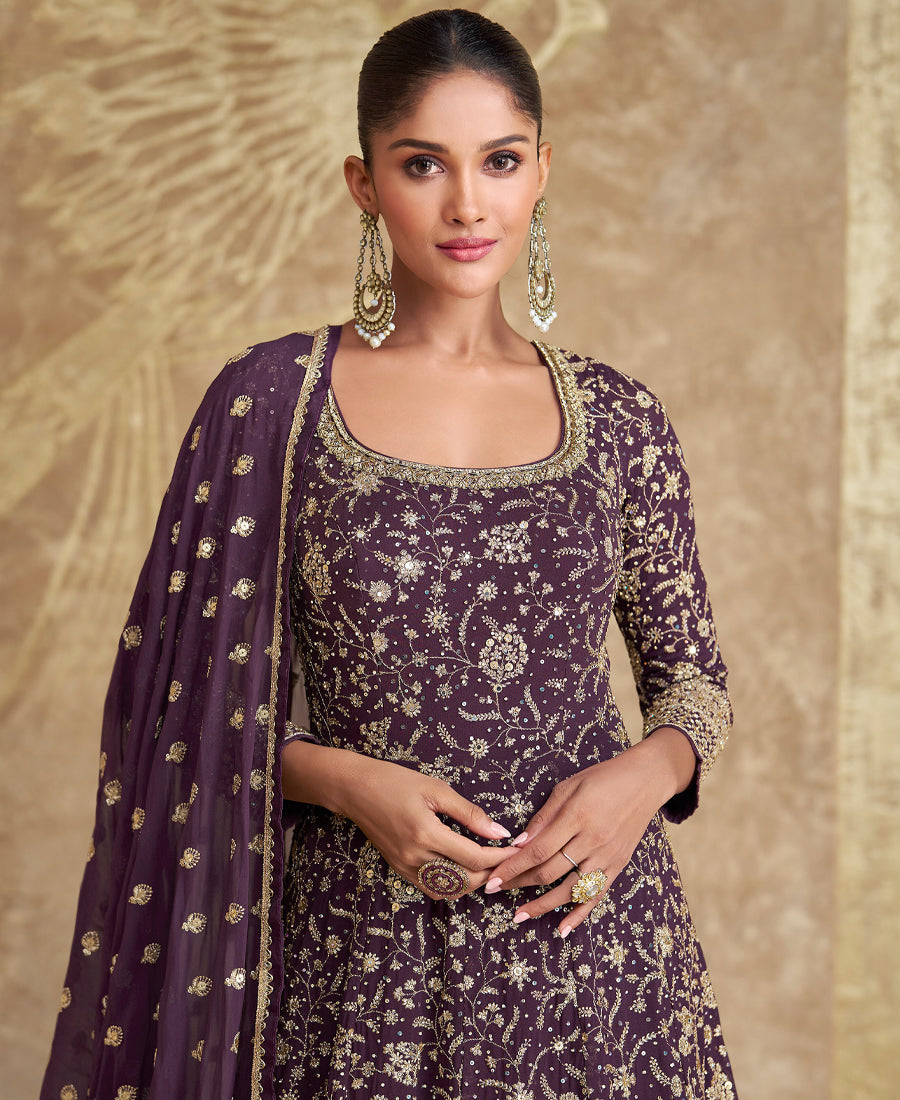 Top Tranding Purple Floor Touch Georgette Anarkali Suit For Women