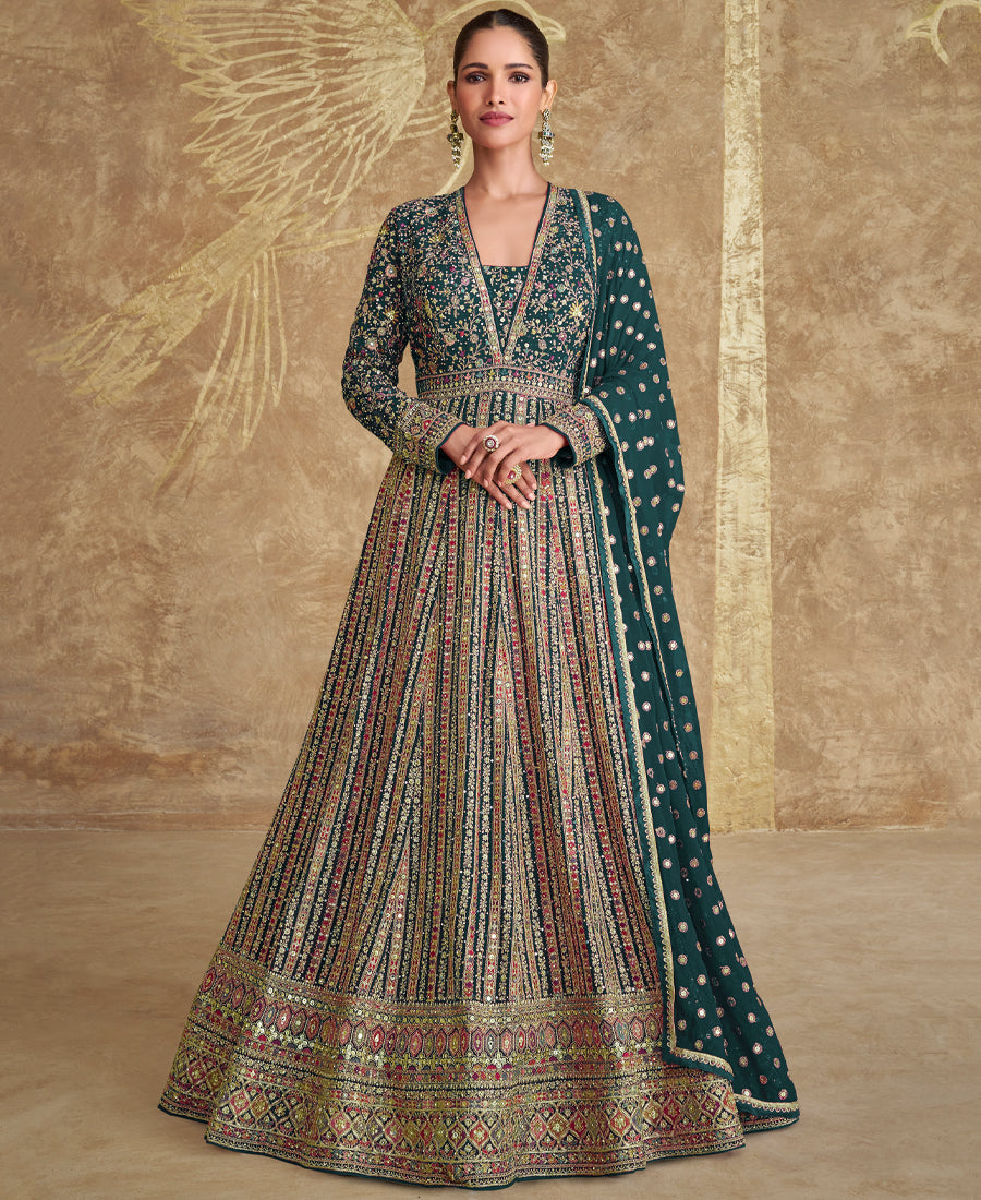 Traditional Heavy Embroidered Green Georgette Anarkali Set For Women