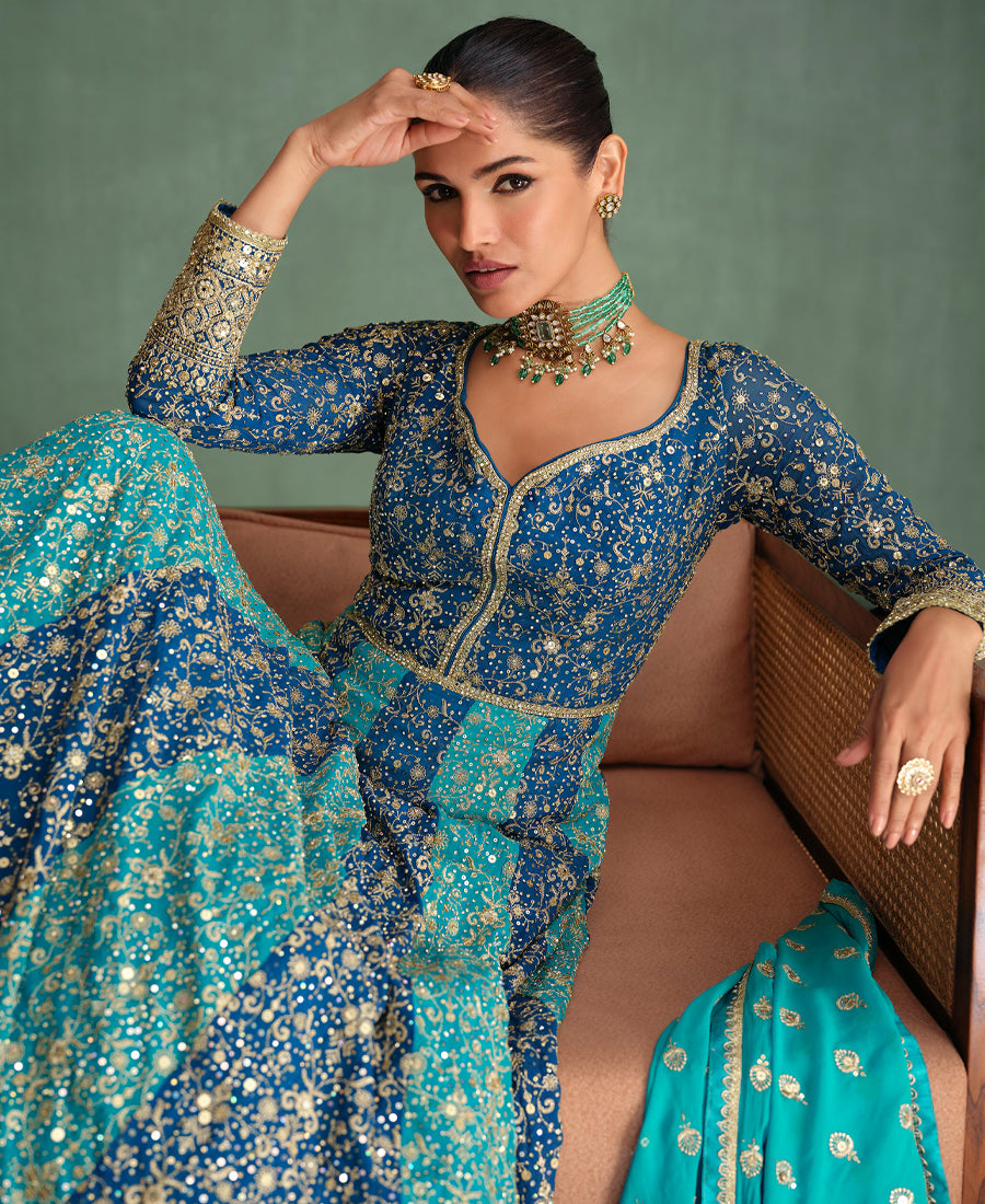 Designer Sky Blue Kali Worked Embroidery Anarkali For Women Wedding Wear