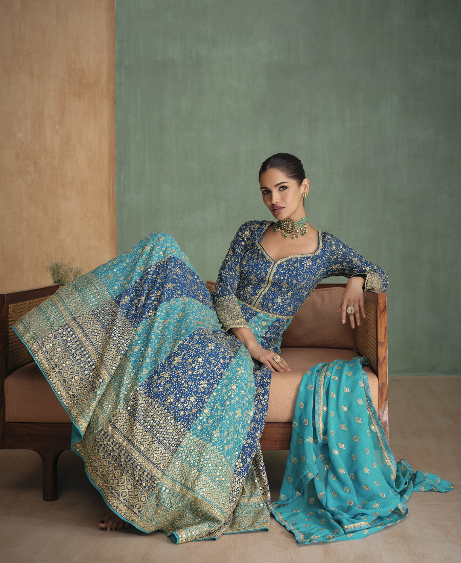 Designer Sky Blue Kali Worked Embroidery Anarkali For Women Wedding Wear